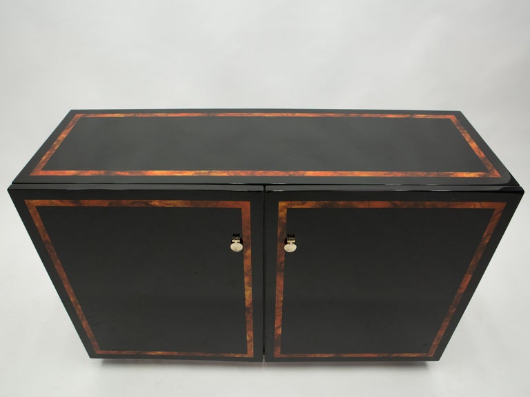 Mid-Century Modern Black Lacquer Burl Wood Brass Cabinet Sideboard by J.C. Mahey, 1970s For Sale