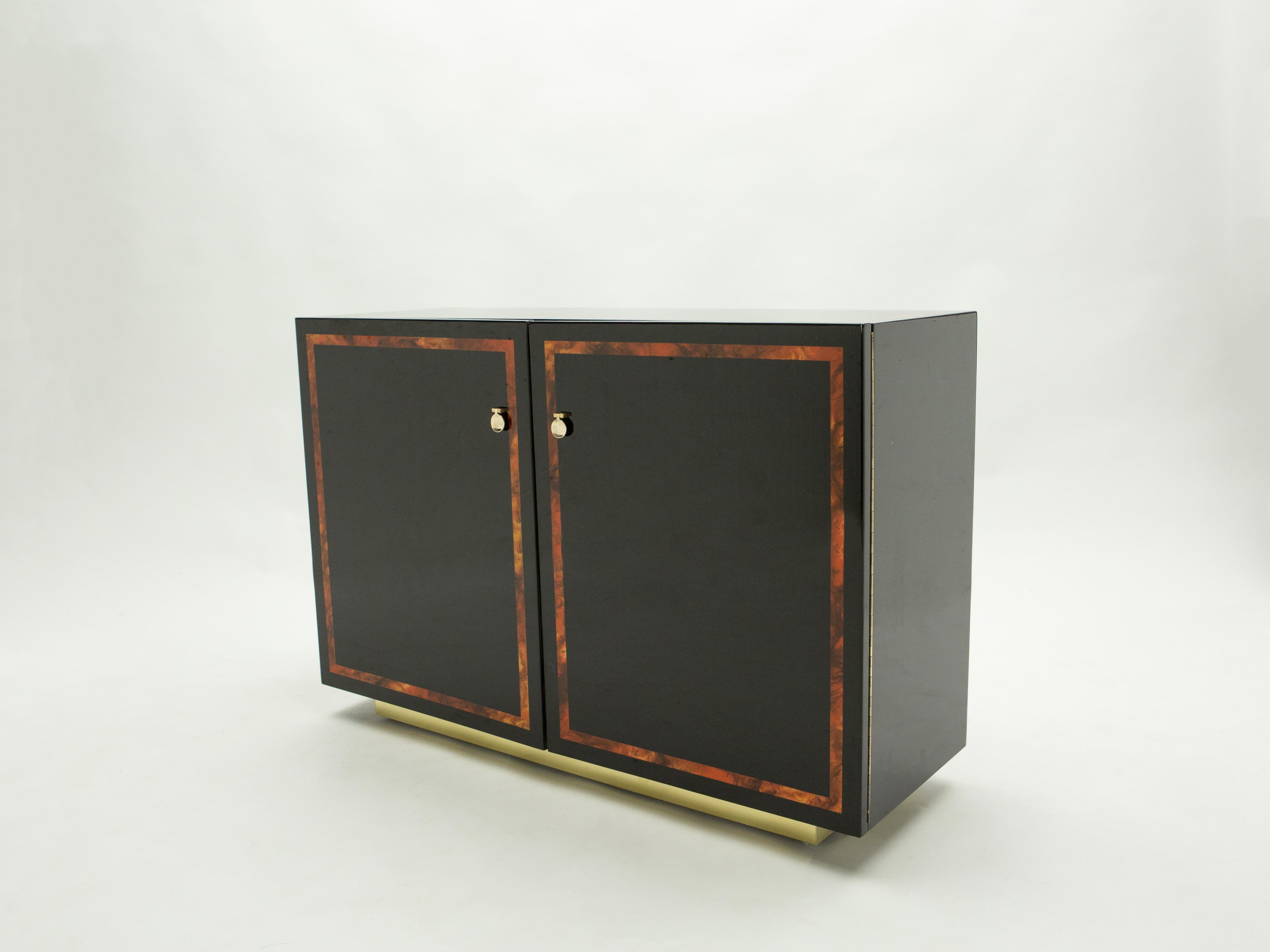 French Black Lacquer Burl Wood Brass Cabinet Sideboard by J.C. Mahey, 1970s