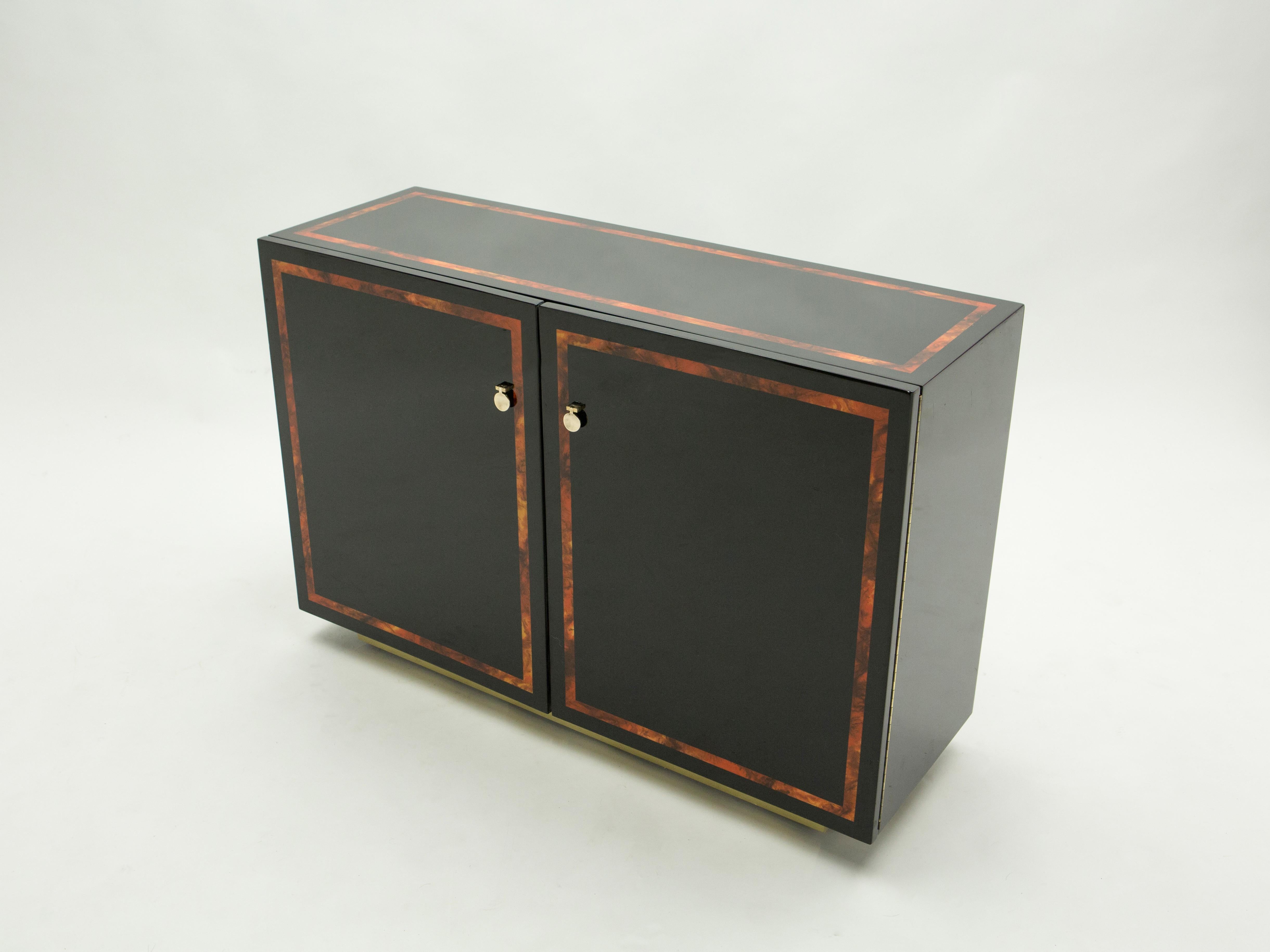Black Lacquer Burl Wood Brass Cabinet Sideboard by J.C. Mahey, 1970s In Good Condition In Paris, IDF