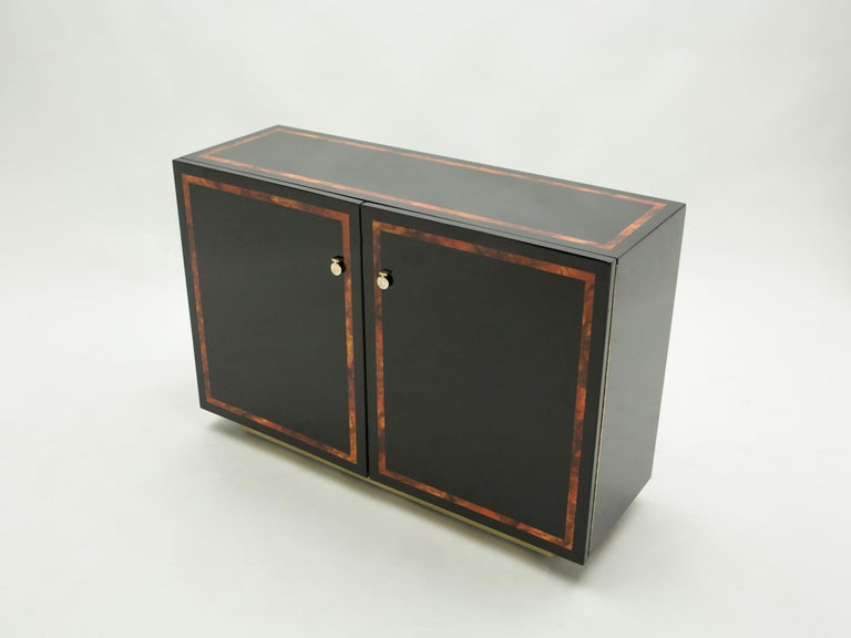 Black Lacquer Burl Wood Brass Cabinet Sideboard by J.C. Mahey, 1970s In Good Condition For Sale In Paris, FR