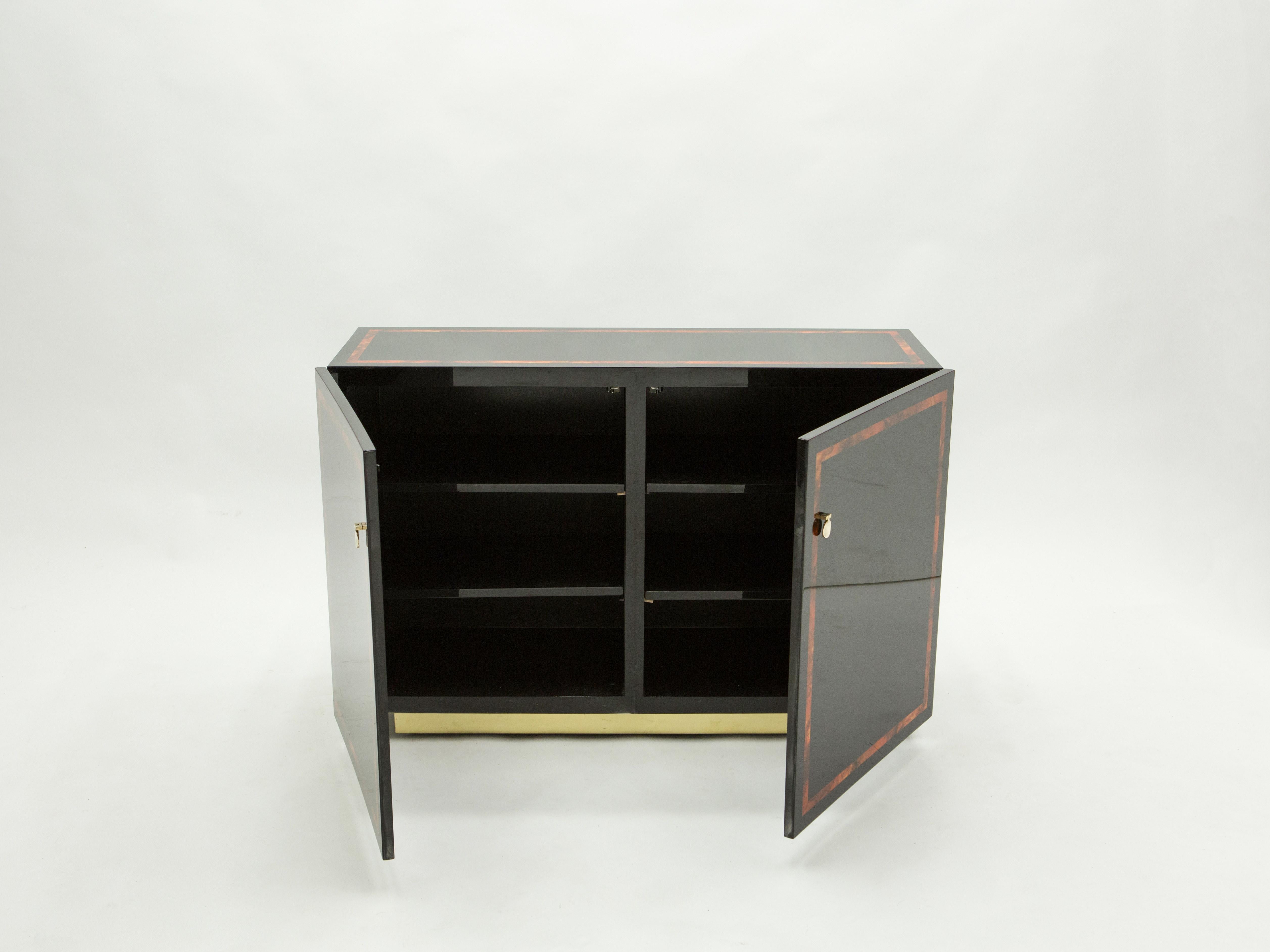 Late 20th Century Black Lacquer Burl Wood Brass Cabinet Sideboard by J.C. Mahey, 1970s
