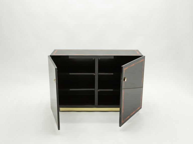 Late 20th Century Black Lacquer Burl Wood Brass Cabinet Sideboard by J.C. Mahey, 1970s For Sale