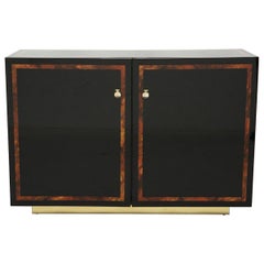 Vintage Black Lacquer Burl Wood Brass Cabinet Sideboard by J.C. Mahey, 1970s