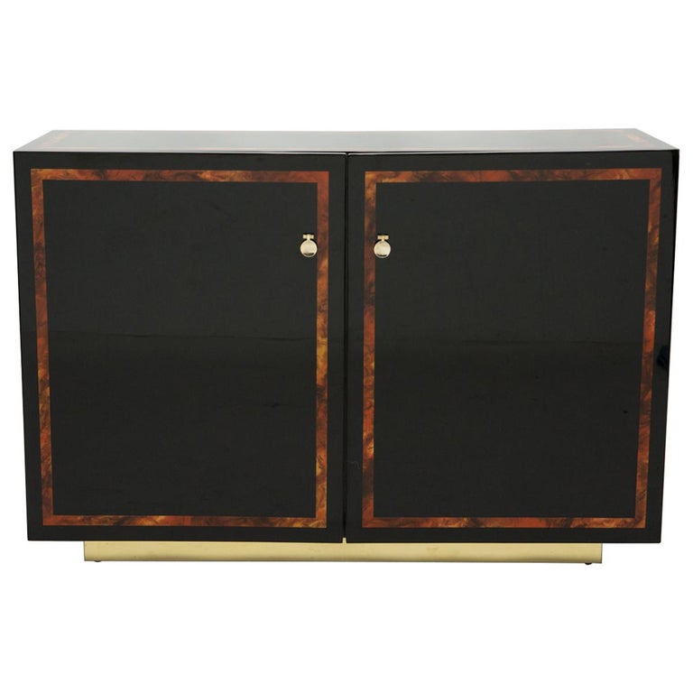 Black Lacquer Burl Wood Brass Cabinet Sideboard by J.C. Mahey, 1970s For Sale