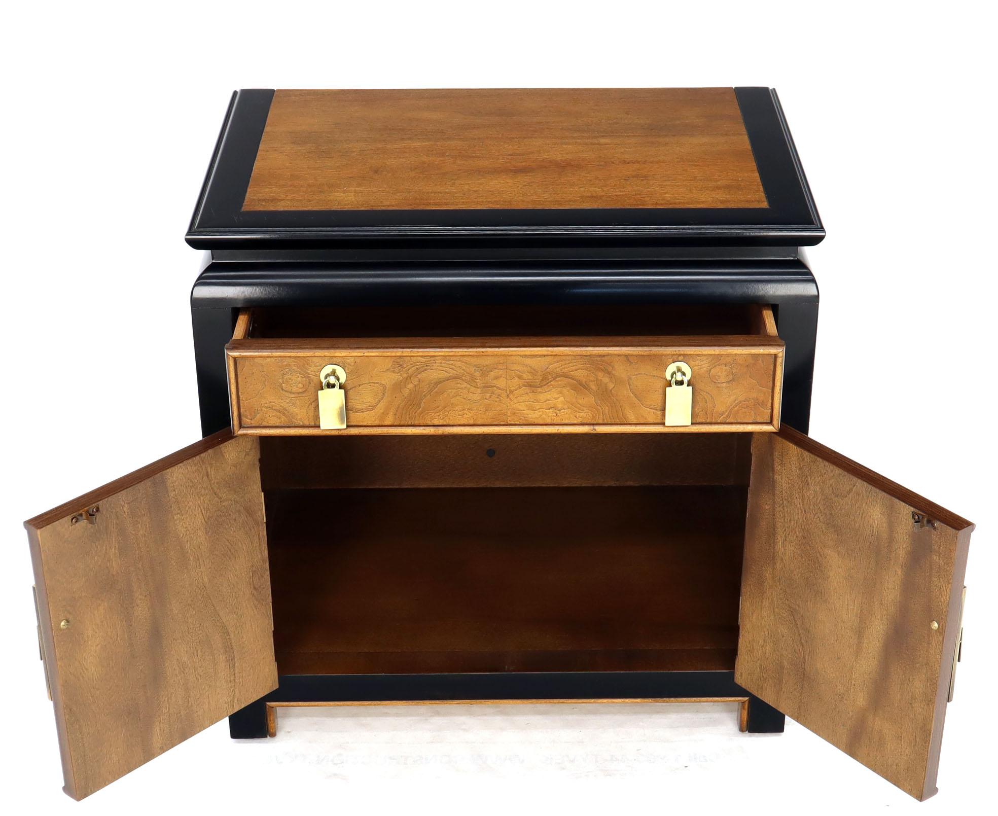Black Lacquer Burl Wood Brass Hardware 1 Drawer Double Door Compartment Stand 2