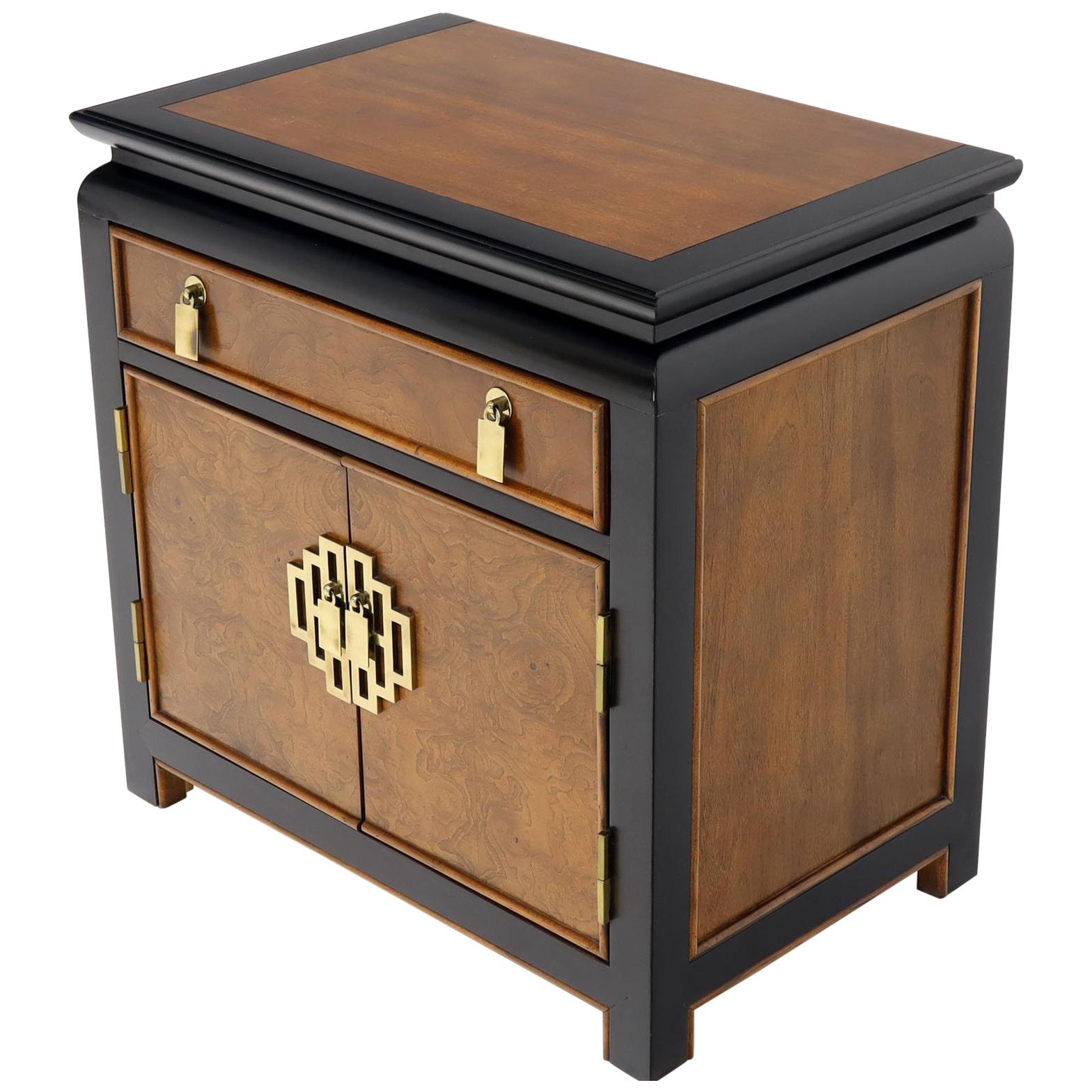 Black Lacquer Burl Wood Brass Hardware 1 Drawer Double Door Compartment Stand