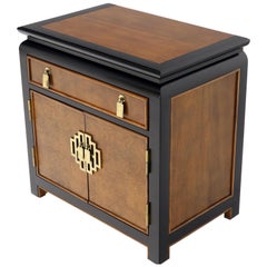 Black Lacquer Burl Wood Brass Hardware 1 Drawer Double Door Compartment Stand