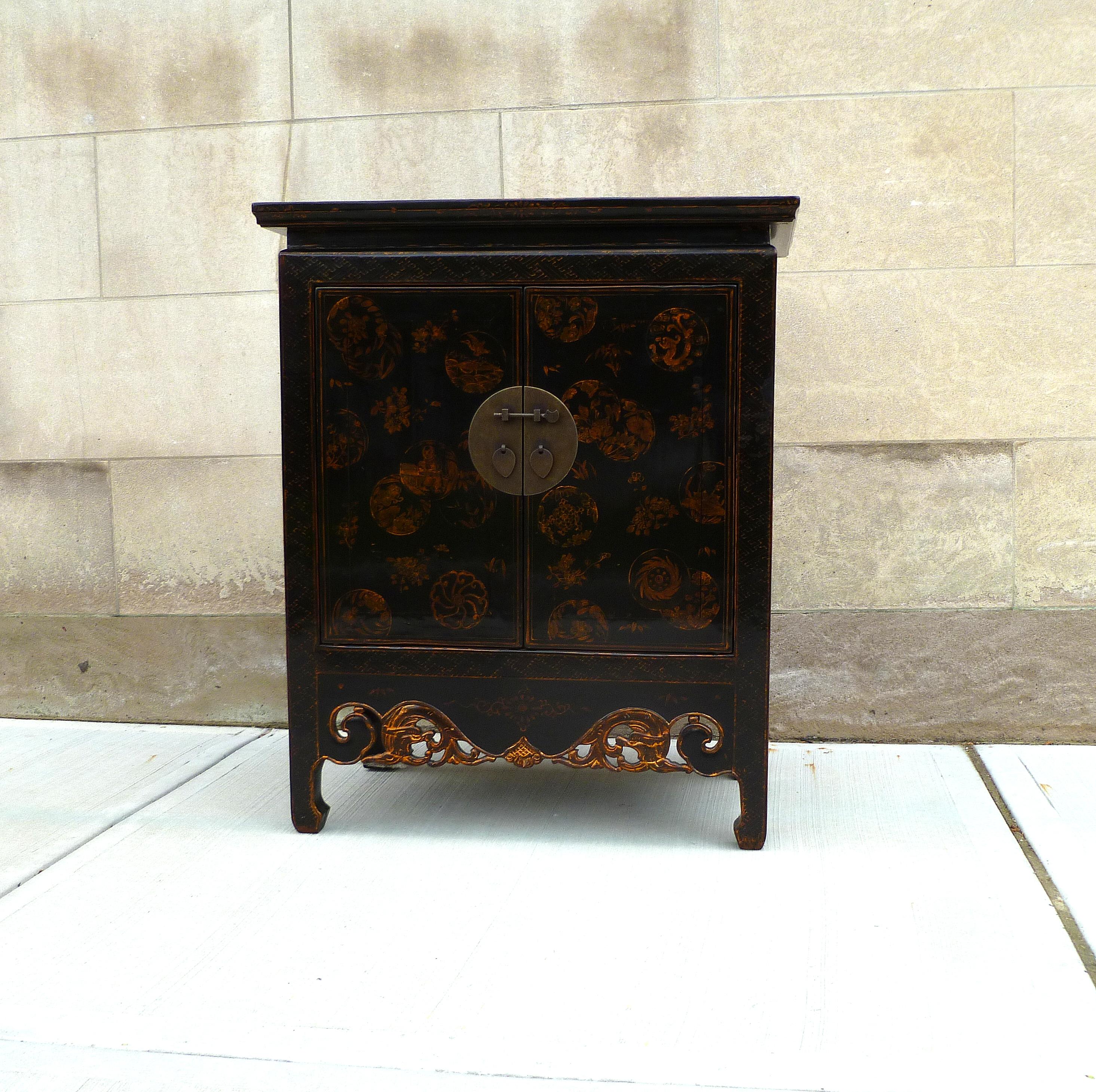 Chinoiserie Black Lacquer Cabinet with Gilt Motif