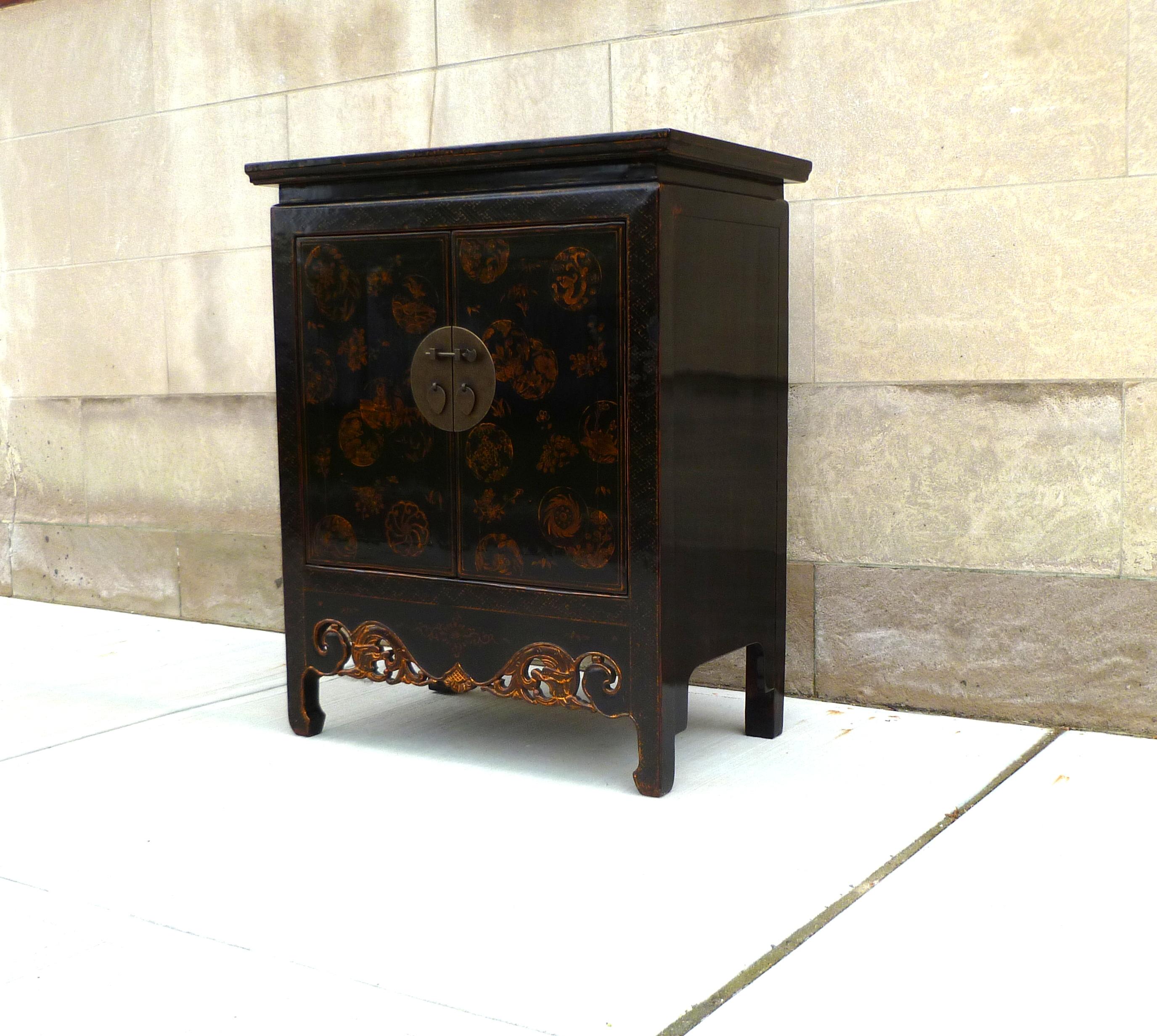 Polished Black Lacquer Cabinet with Gilt Motif