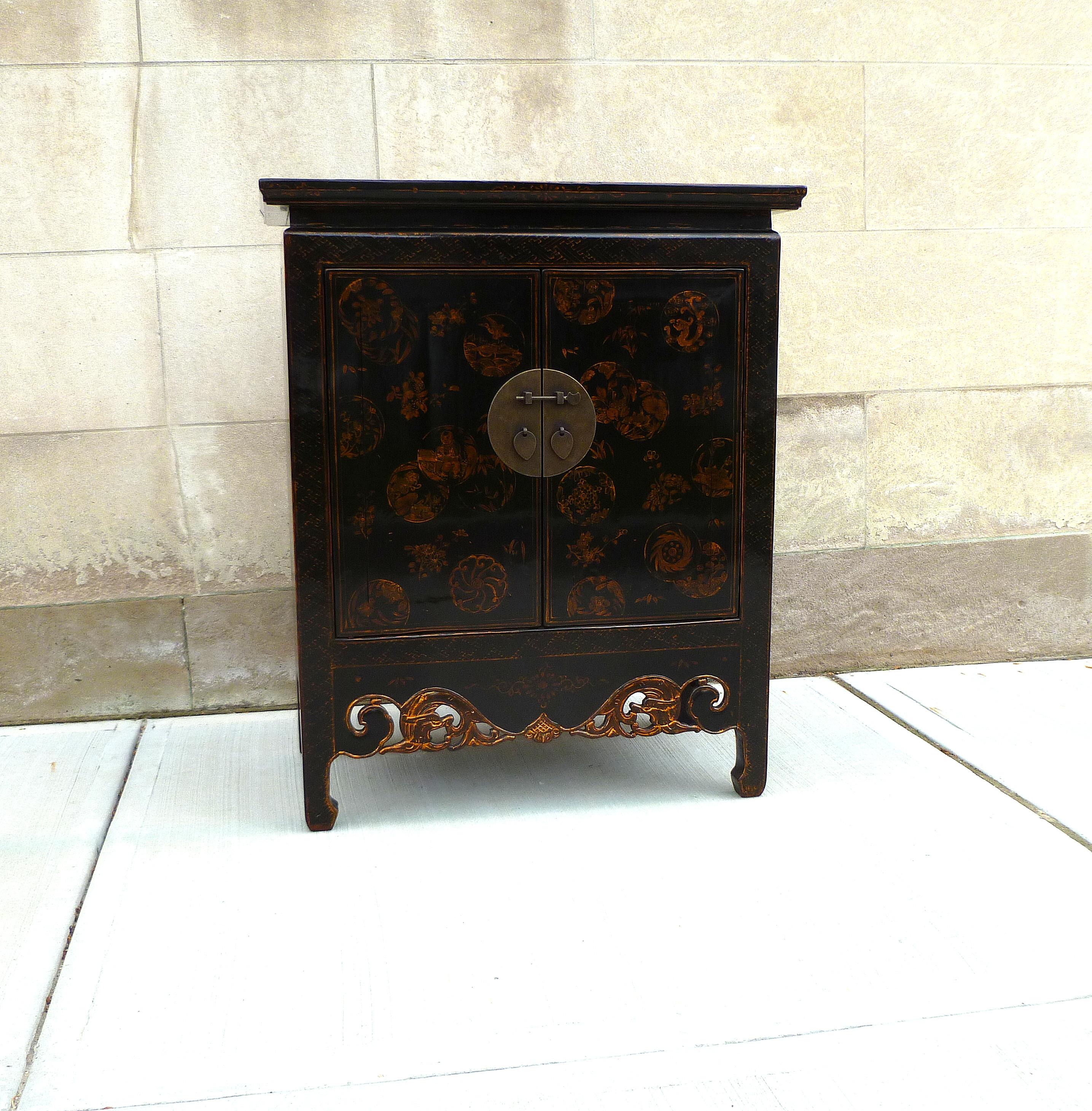 Black Lacquer Cabinet with Gilt Motif In Good Condition In Greenwich, CT