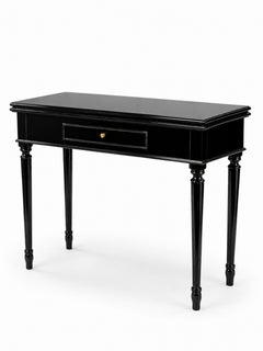 Black Lacquer Card Game Table with Drawer and Brass Hardware, 20th Century