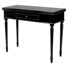 Black Lacquer Card Game Table with Drawer and Brass Hardware, 20th Century