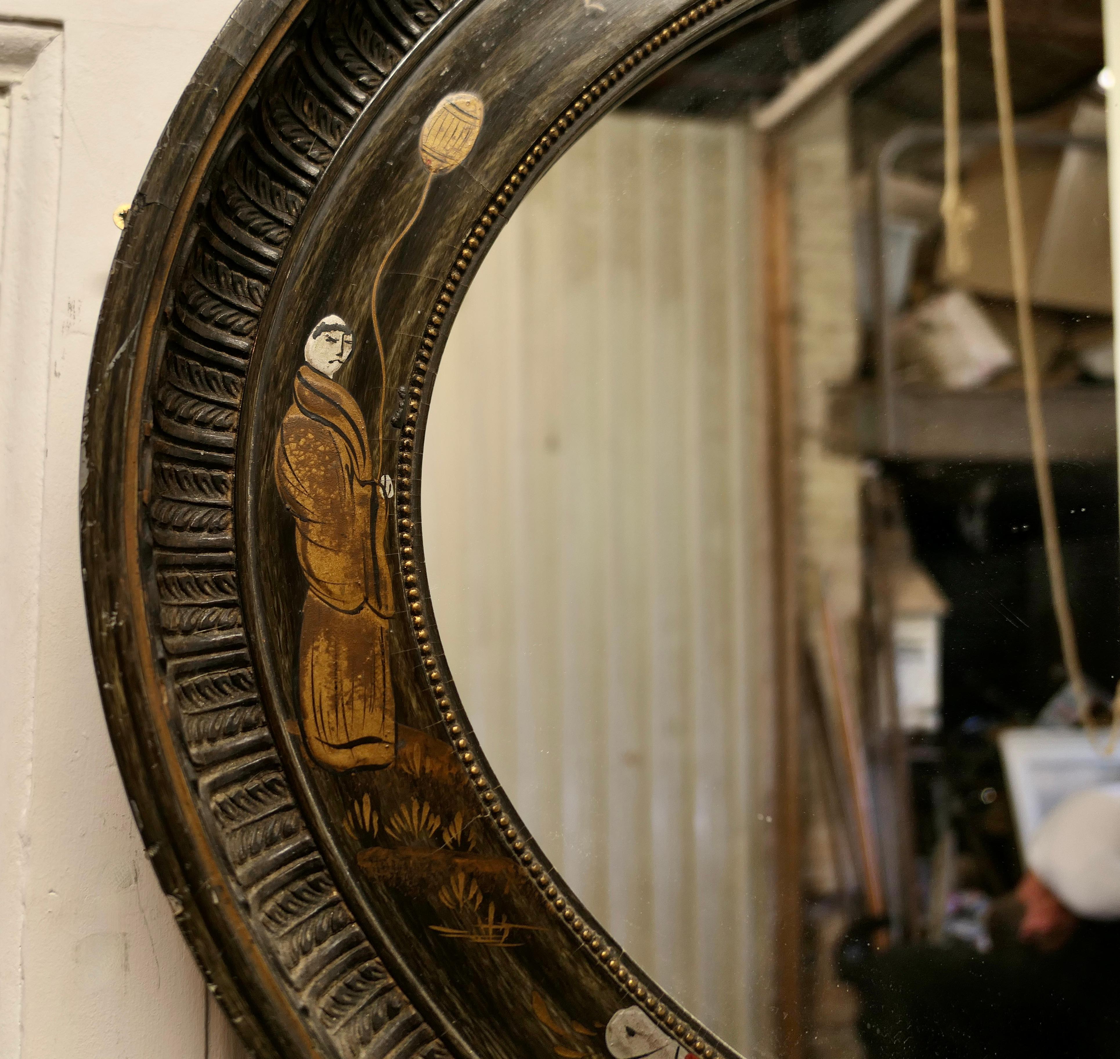 Black Lacquer Carved Chinoiserie Oval Wall Mirror     In Good Condition For Sale In Chillerton, Isle of Wight
