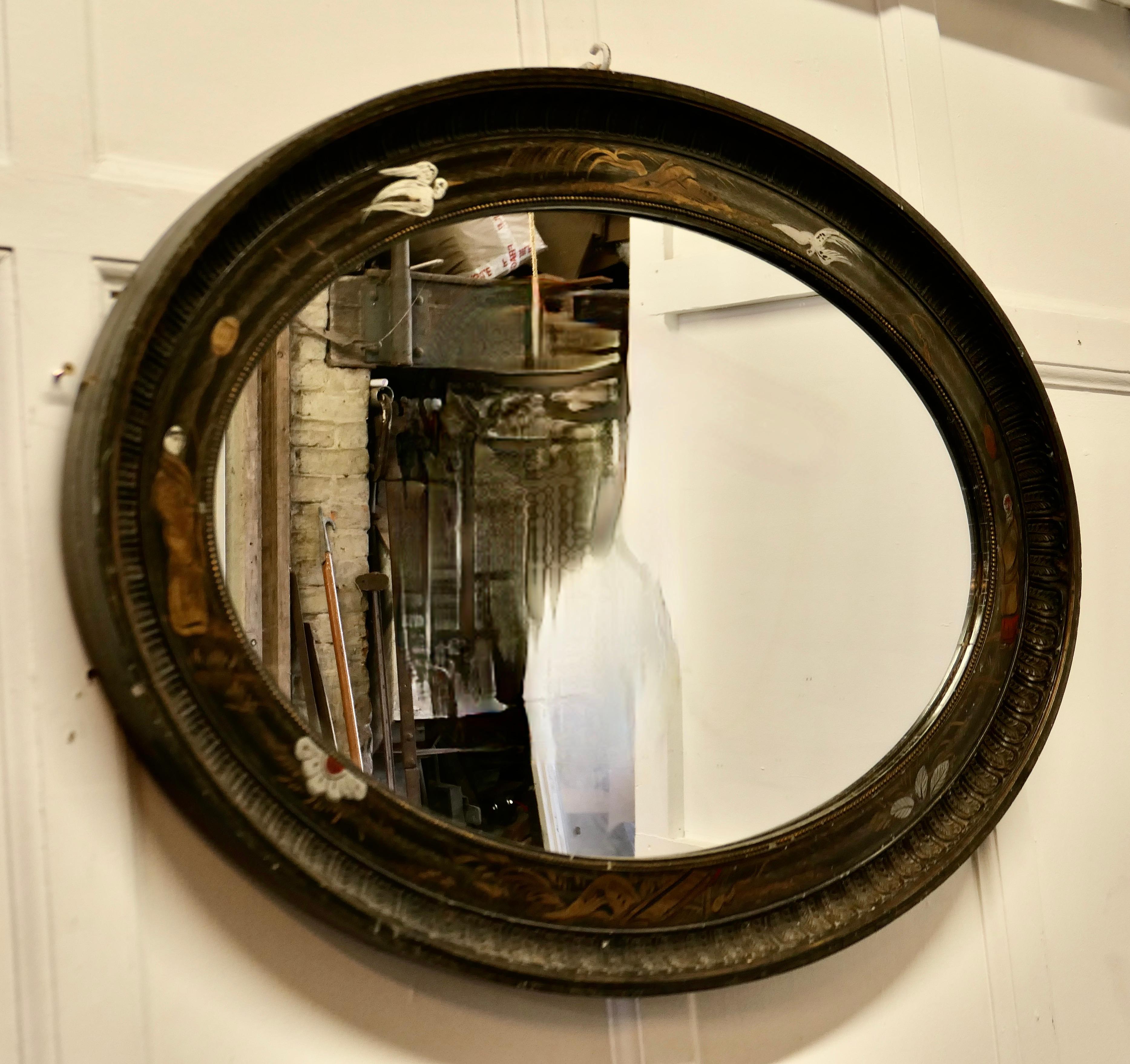 Black Lacquer Carved Chinoiserie Oval Wall Mirror     For Sale 3