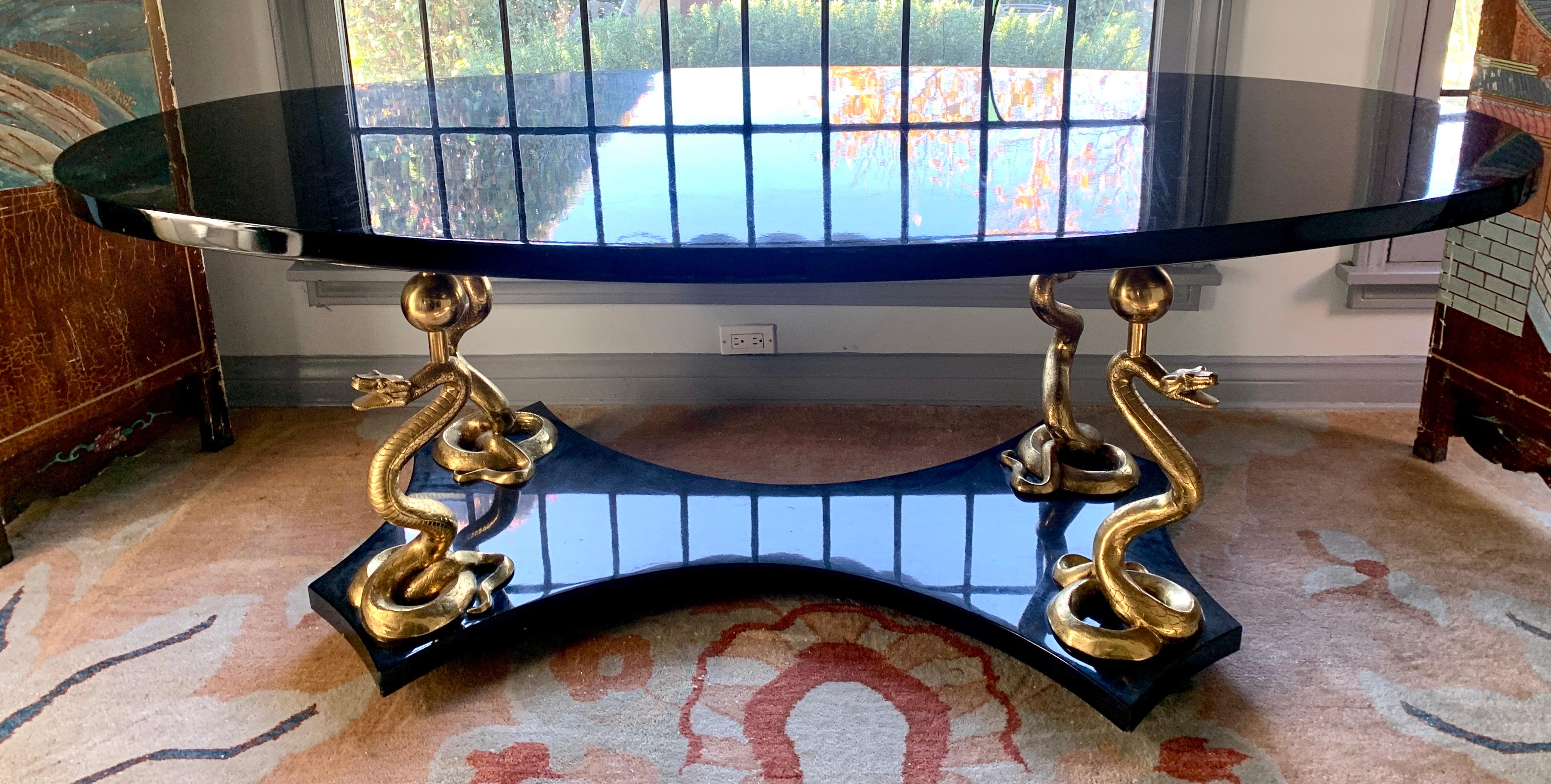 20th Century Oval Black Lacquer Console or Center Table 24k Gilt Legs After Salvador Dali For Sale