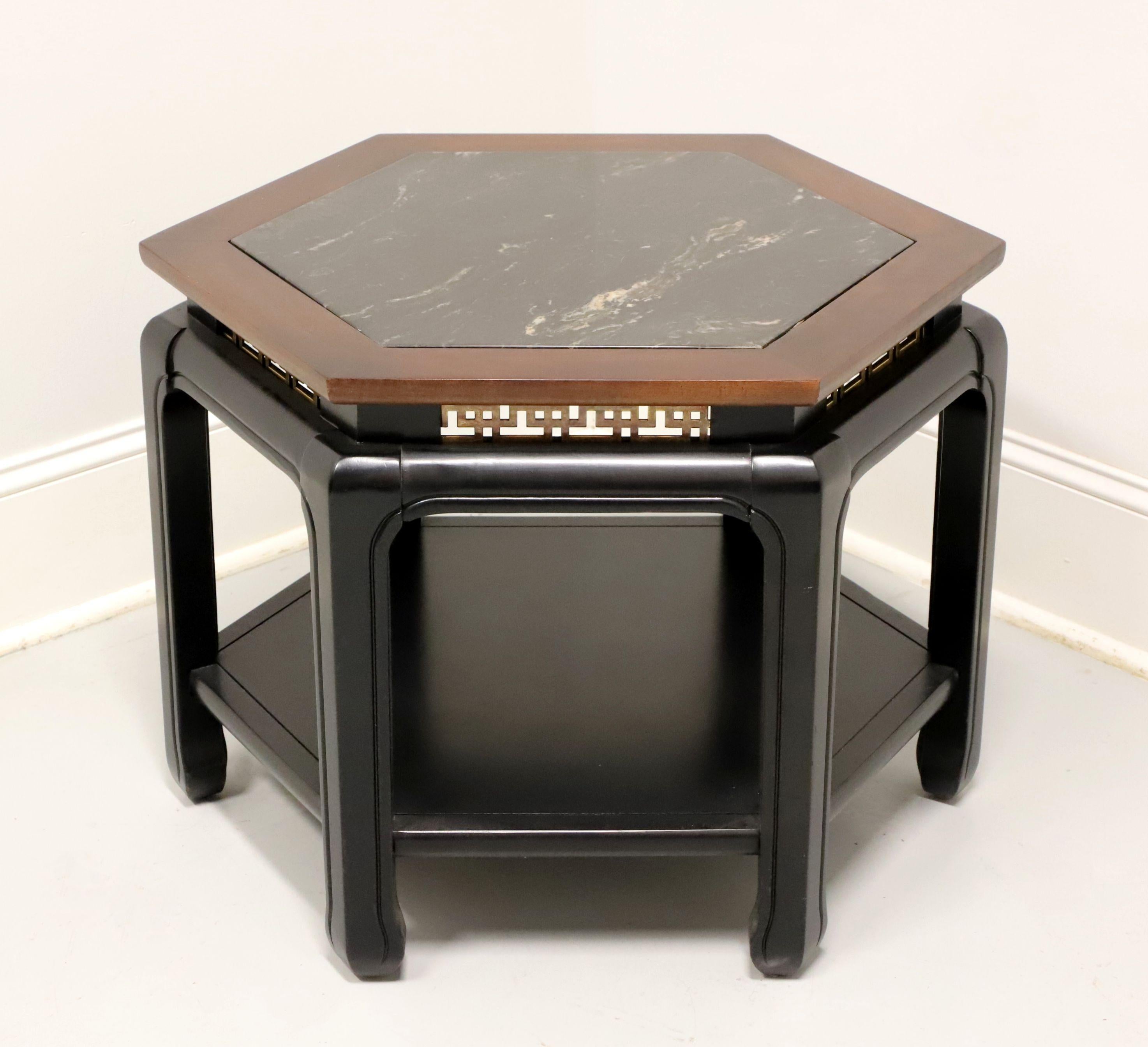 Chinoiserie Black Lacquer Cherry Wood Asian chinoiserie Marble Top Hexagon Side Table