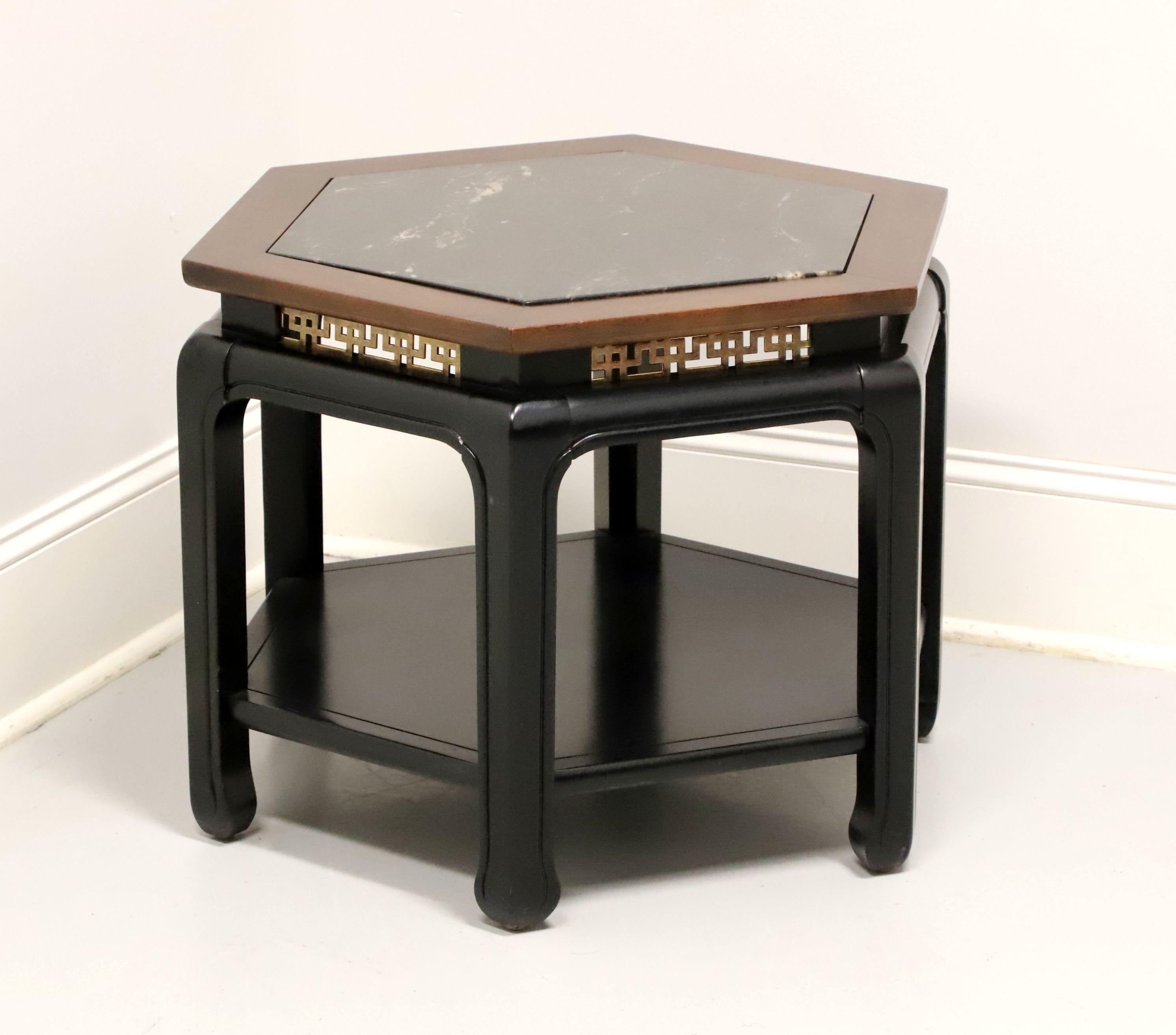 Brass Black Lacquer Cherry Wood Asian chinoiserie Marble Top Hexagon Side Table