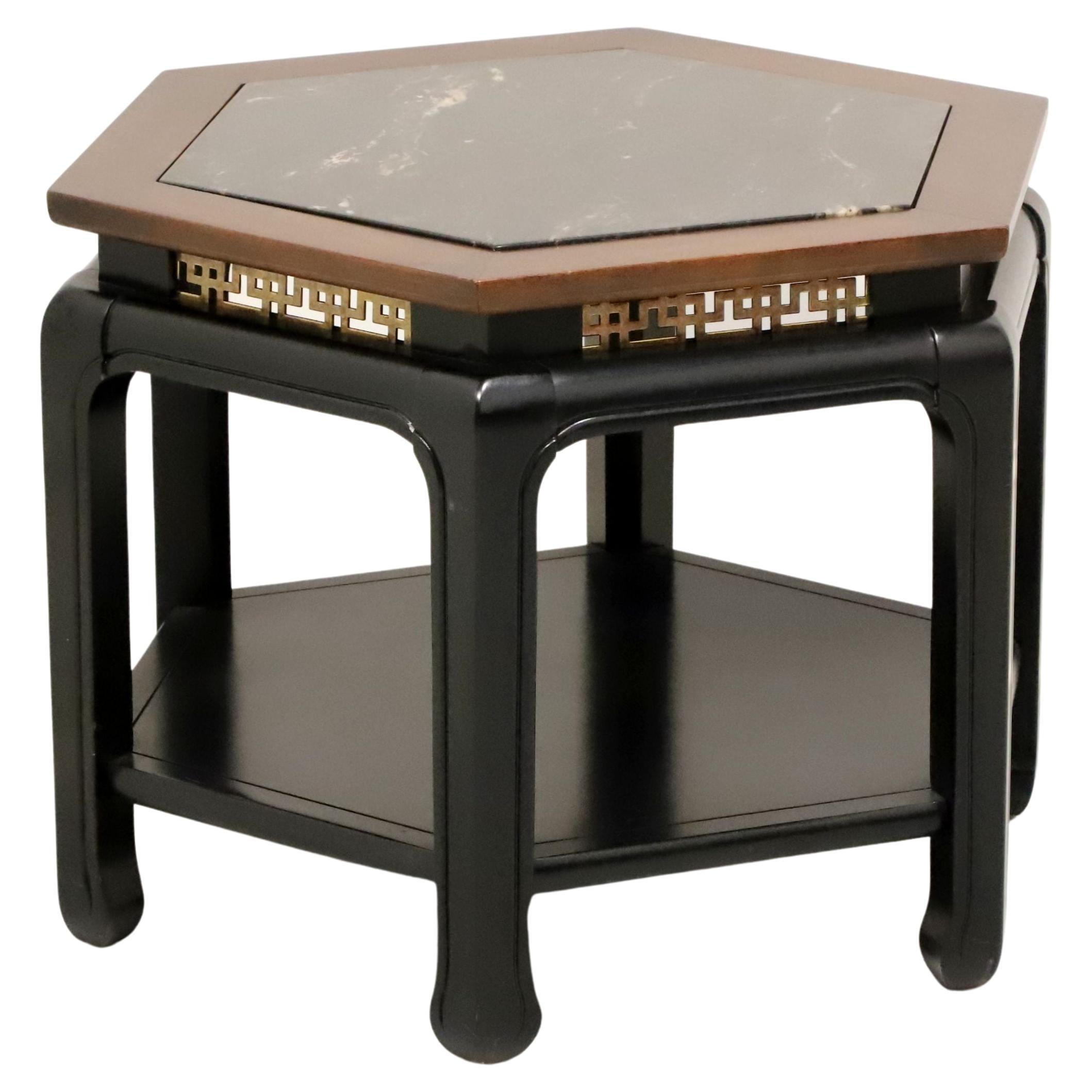 Black Lacquer Cherry Wood Asian chinoiserie Marble Top Hexagon Side Table