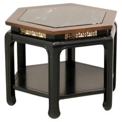 Retro Black Lacquer Cherry Wood Asian chinoiserie Marble Top Hexagon Side Table