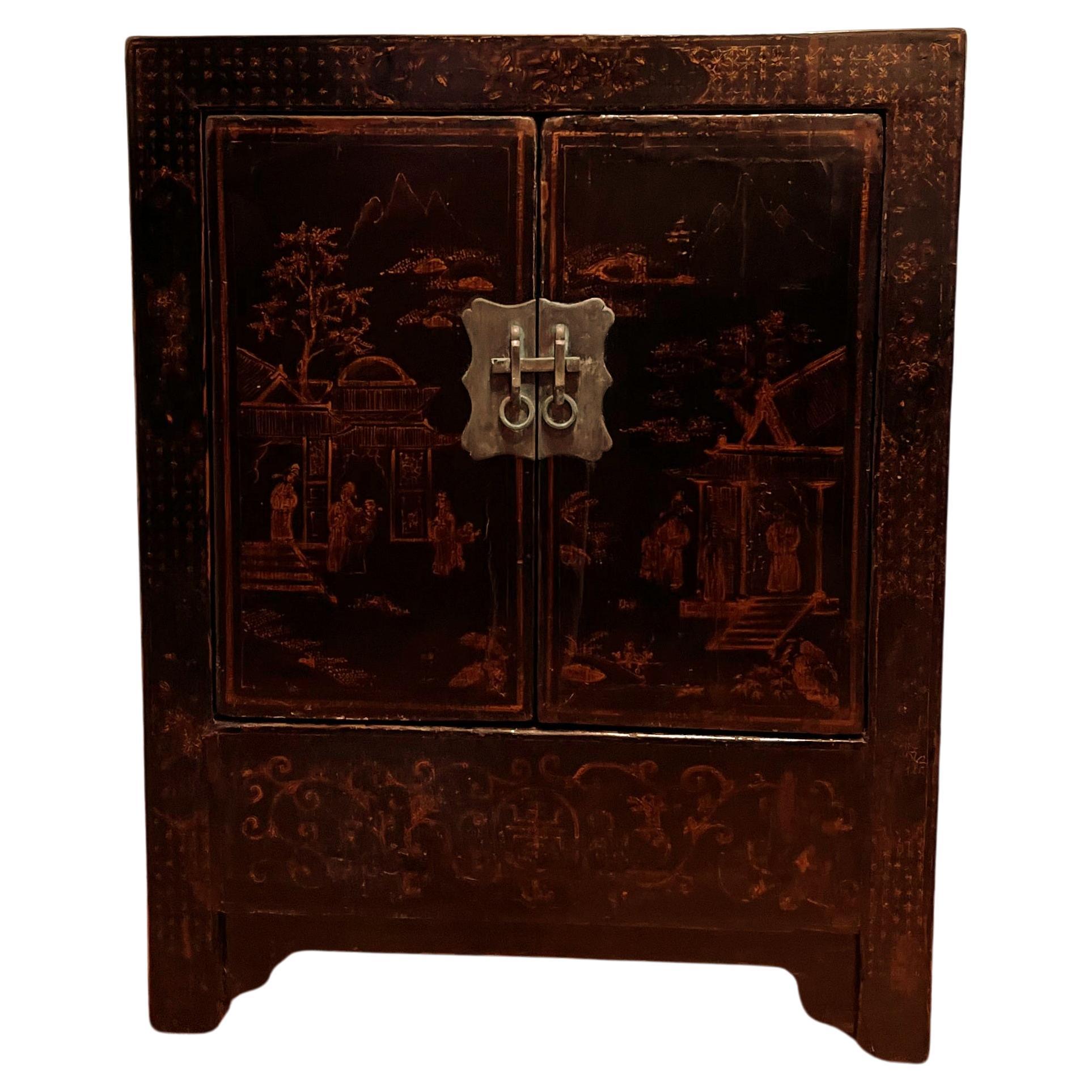 Black Lacquer Chest with Gilt Motif For Sale
