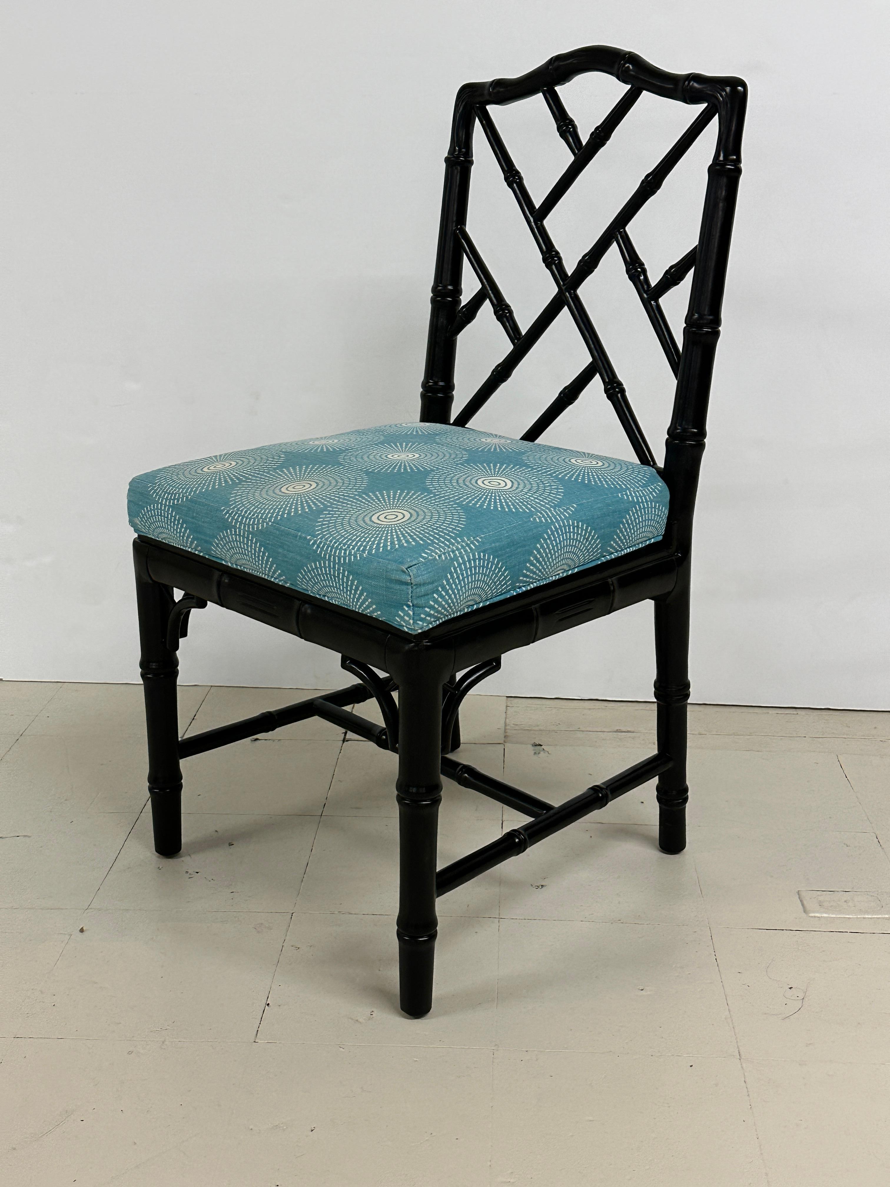 Modern Black Lacquer Chinese Chippendale Teal Chair by Jonathan Adler For Sale