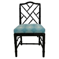 Retro Black Lacquer Chinese Chippendale Teal Chair by Jonathan Adler