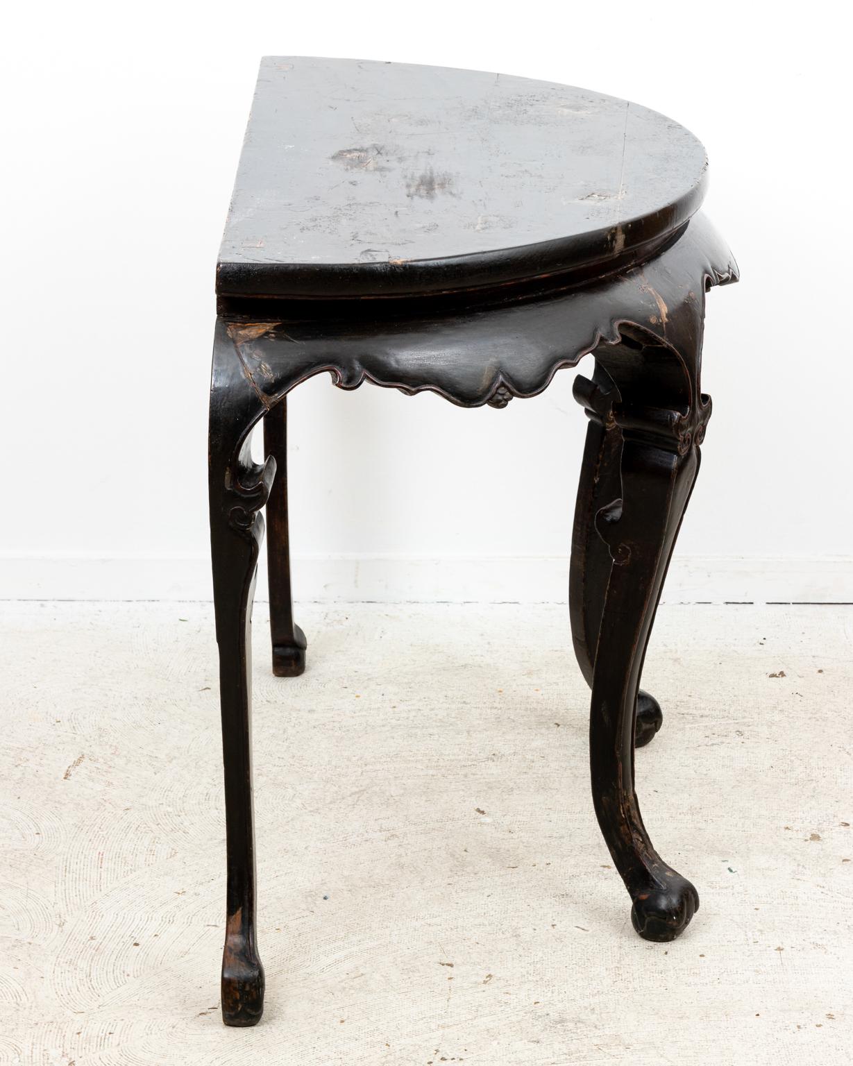 Carved Black Lacquer Chinese Demilune Console Table