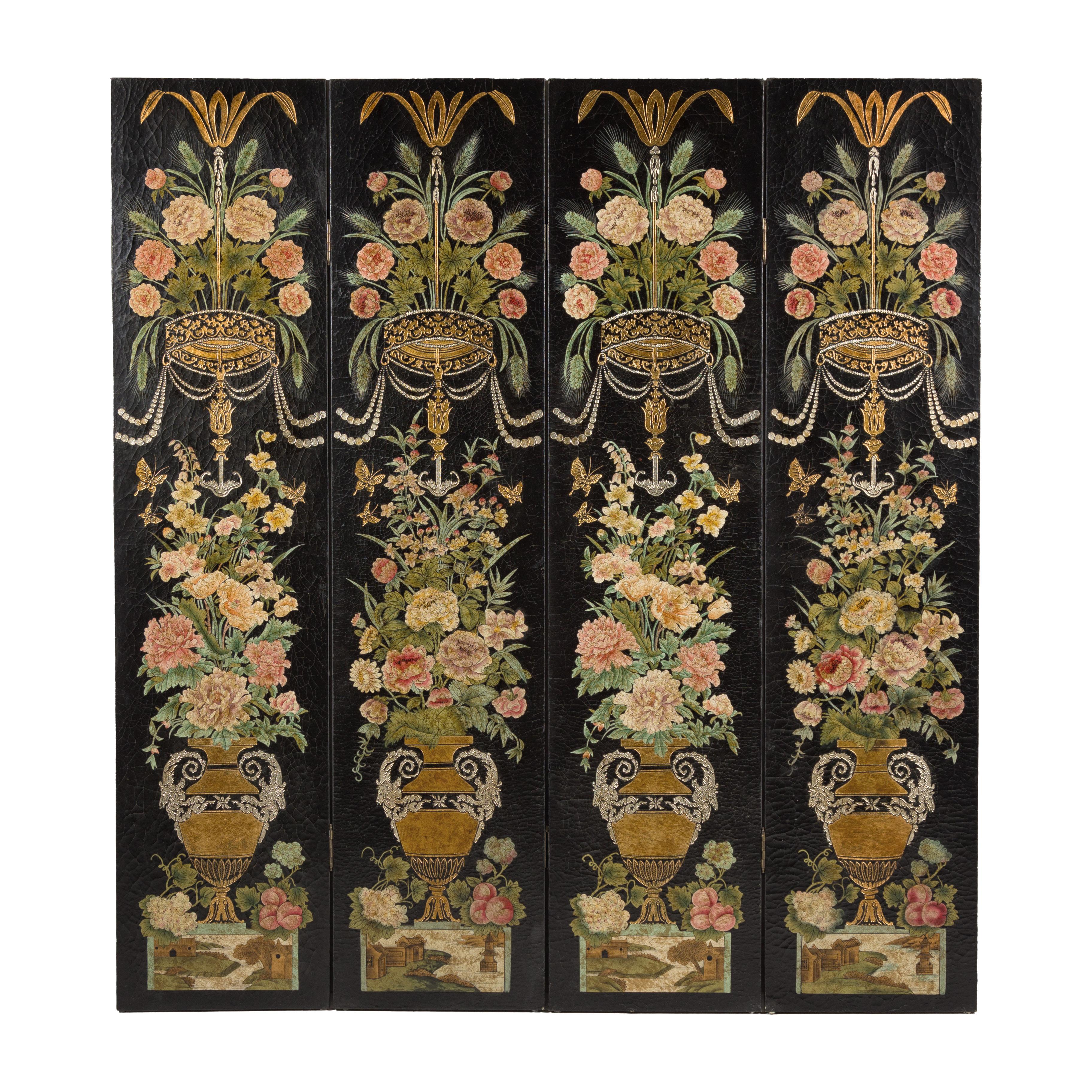 Biombo chino de cuatro paneles lacado en negro con decoración floral policromada en venta 13