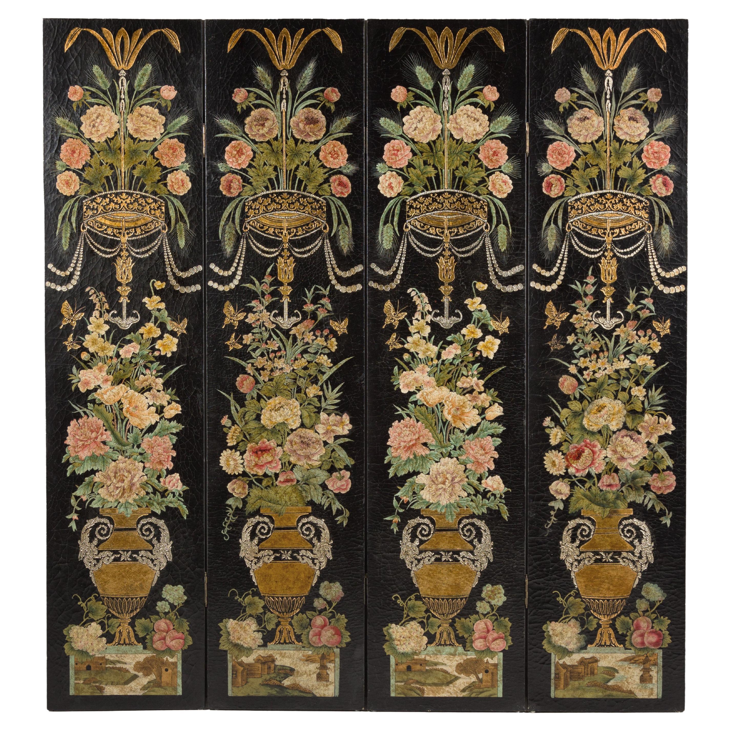 Black Lacquer Chinese Four-Panel Screen with Polychrome Floral Décor