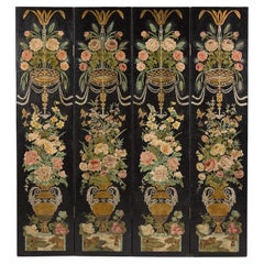 Vintage Black Lacquer Chinese Four-Panel Screen with Polychrome Floral Décor