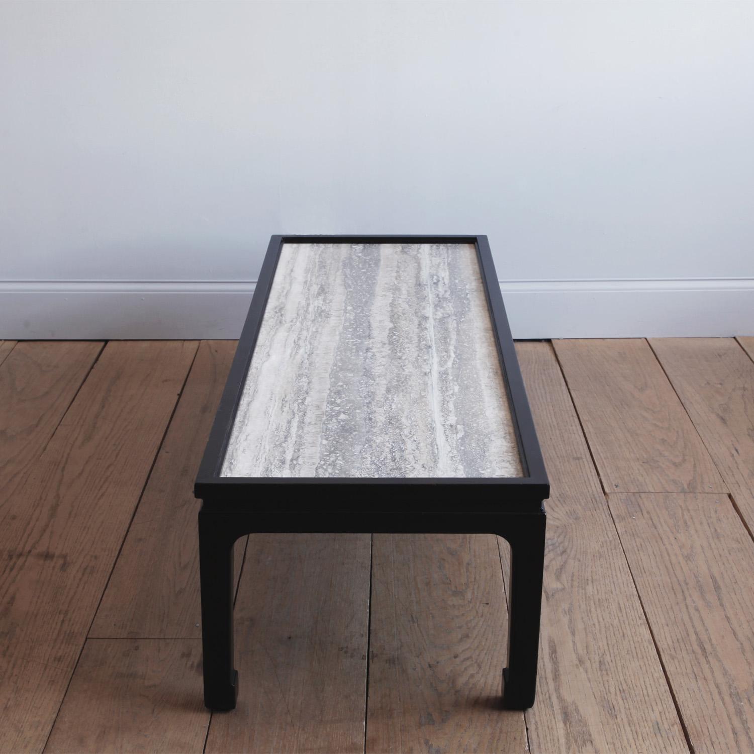 Lacquered Black Lacquer Chinese-Style Coffee Table with Travertine Top For Sale