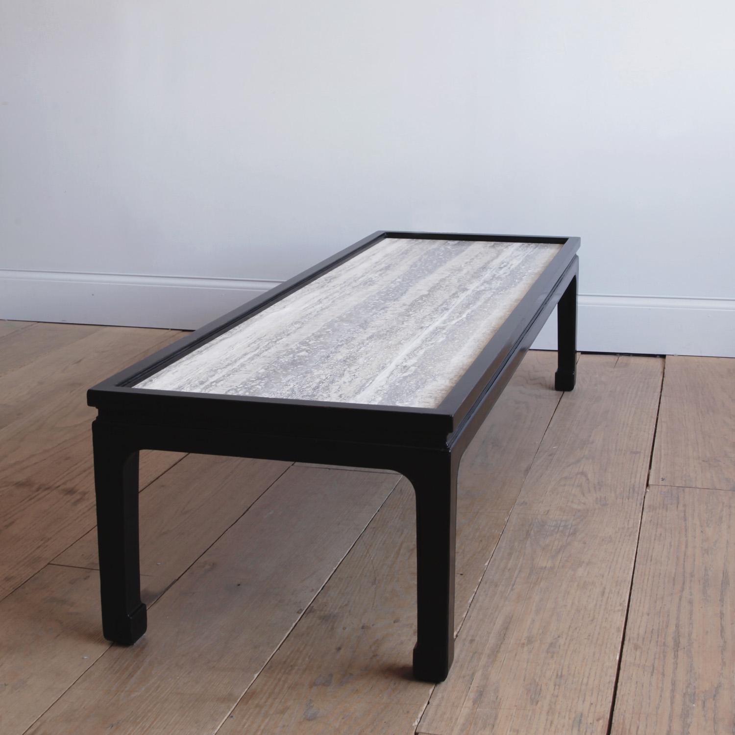 Black Lacquer Chinese-Style Coffee Table with Travertine Top In Good Condition For Sale In New York, NY