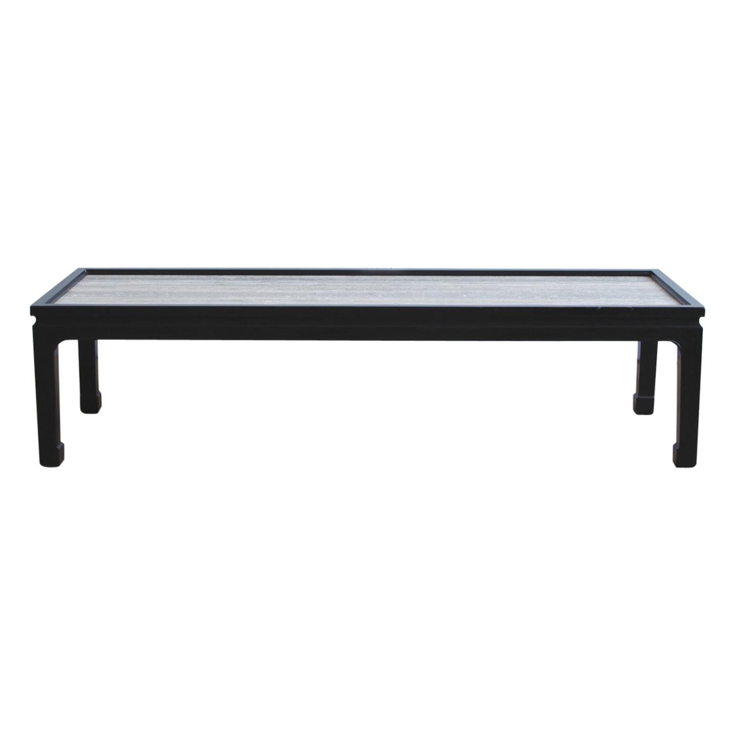Black Lacquer Chinese-Style Coffee Table with Travertine Top For Sale