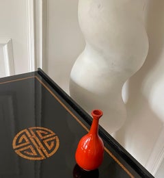 Black Lacquer Chinoiserie Console Table with Brass Details, France 1960.