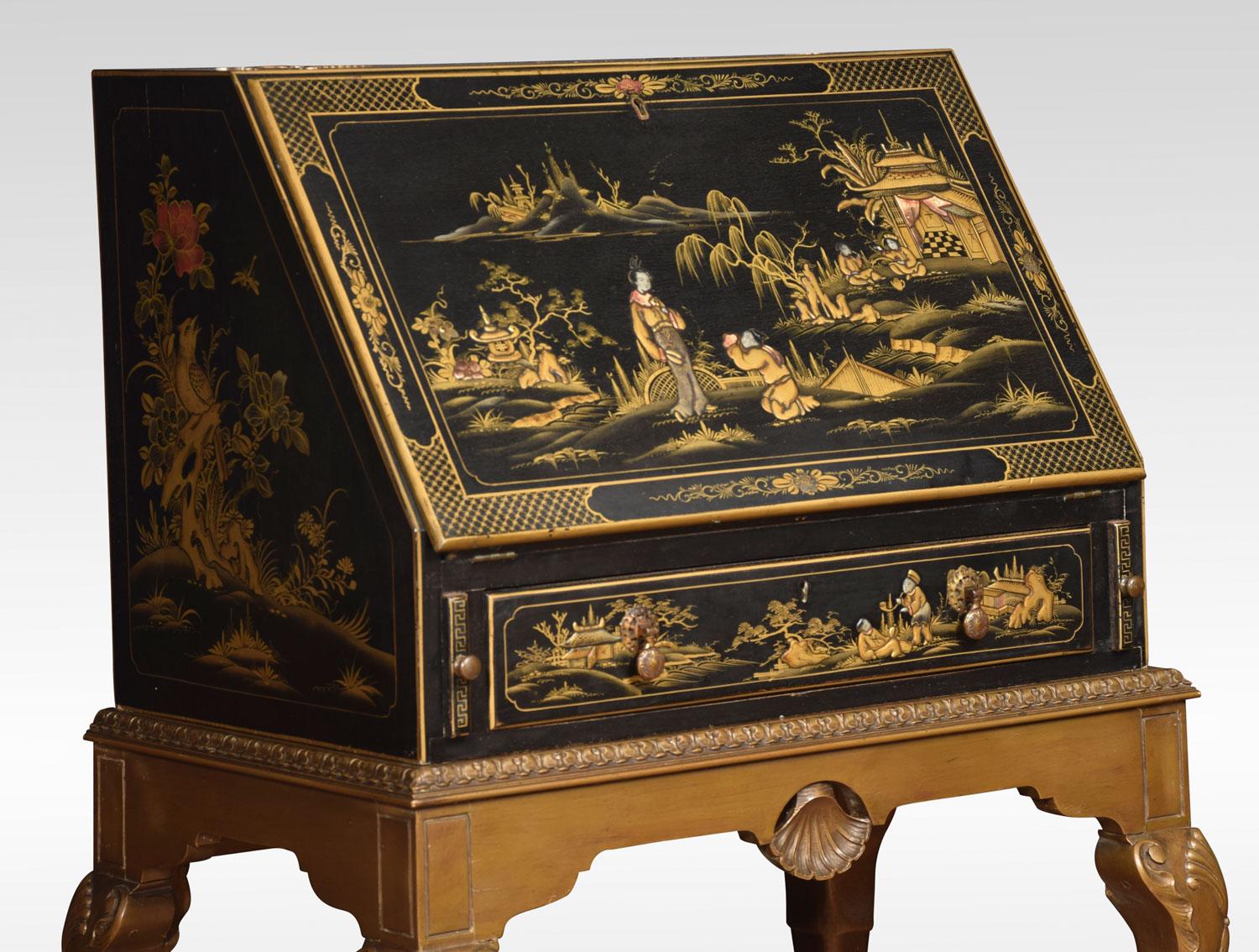 20th Century Black Lacquer Chinoiserie Decorated Bureau on Stand