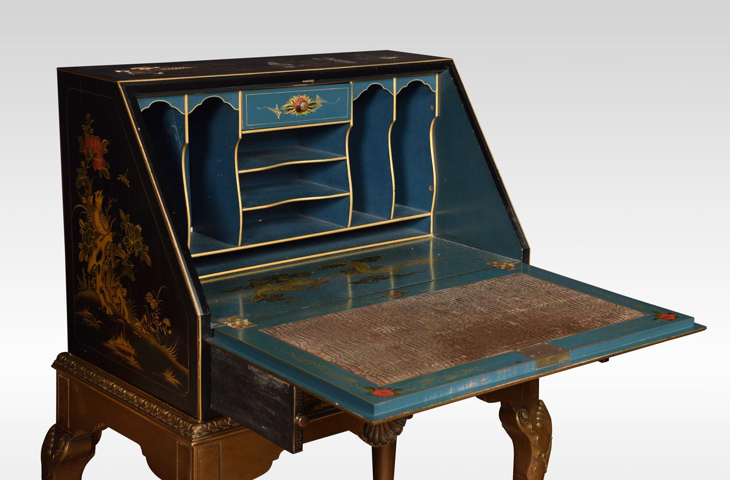 Black Lacquer Chinoiserie Decorated Bureau on Stand 1