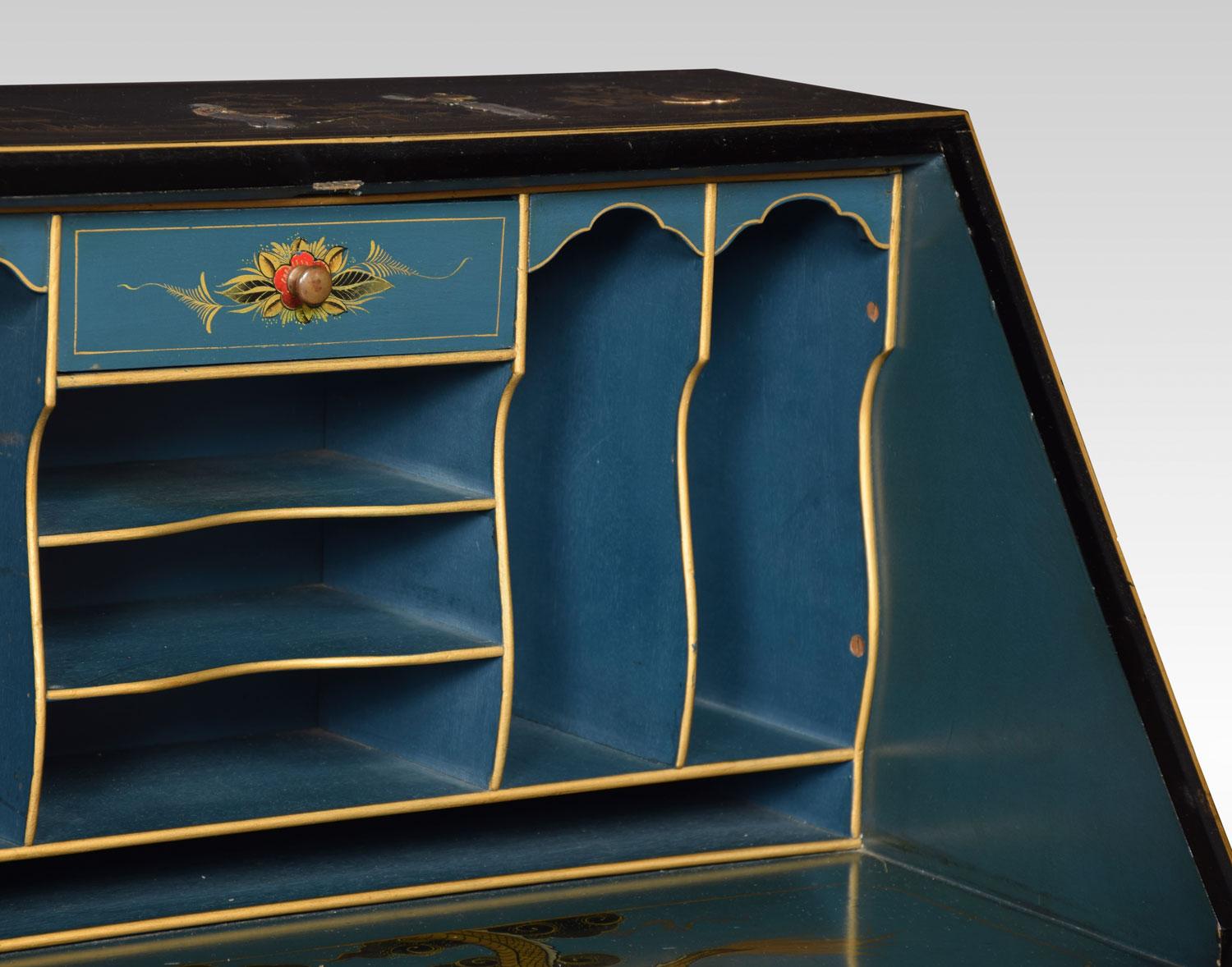 Black Lacquer Chinoiserie Decorated Bureau on Stand 2