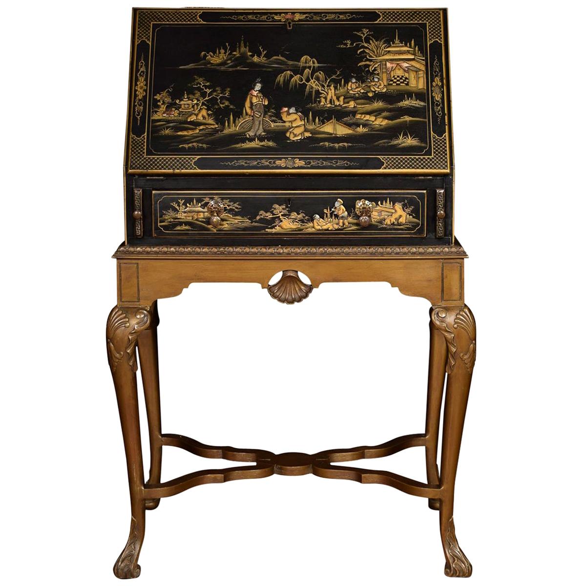 Black Lacquer Chinoiserie Decorated Bureau on Stand