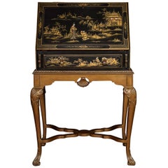 Vintage Black Lacquer Chinoiserie Decorated Bureau on Stand