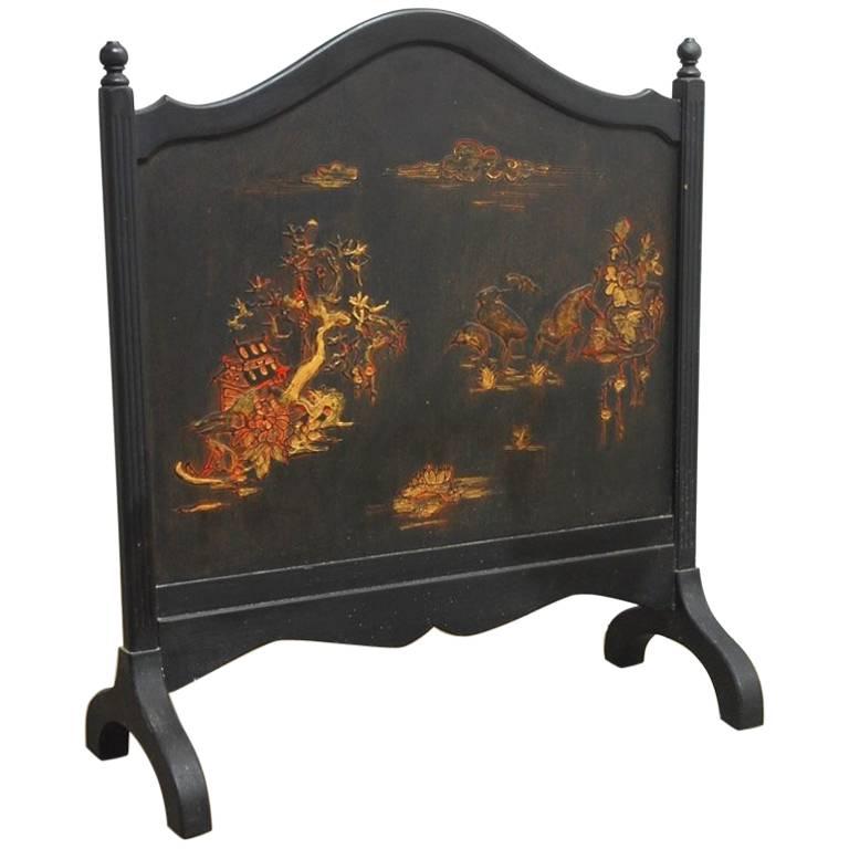 Écran de cheminée décoré de Chinoiserie en laque noire