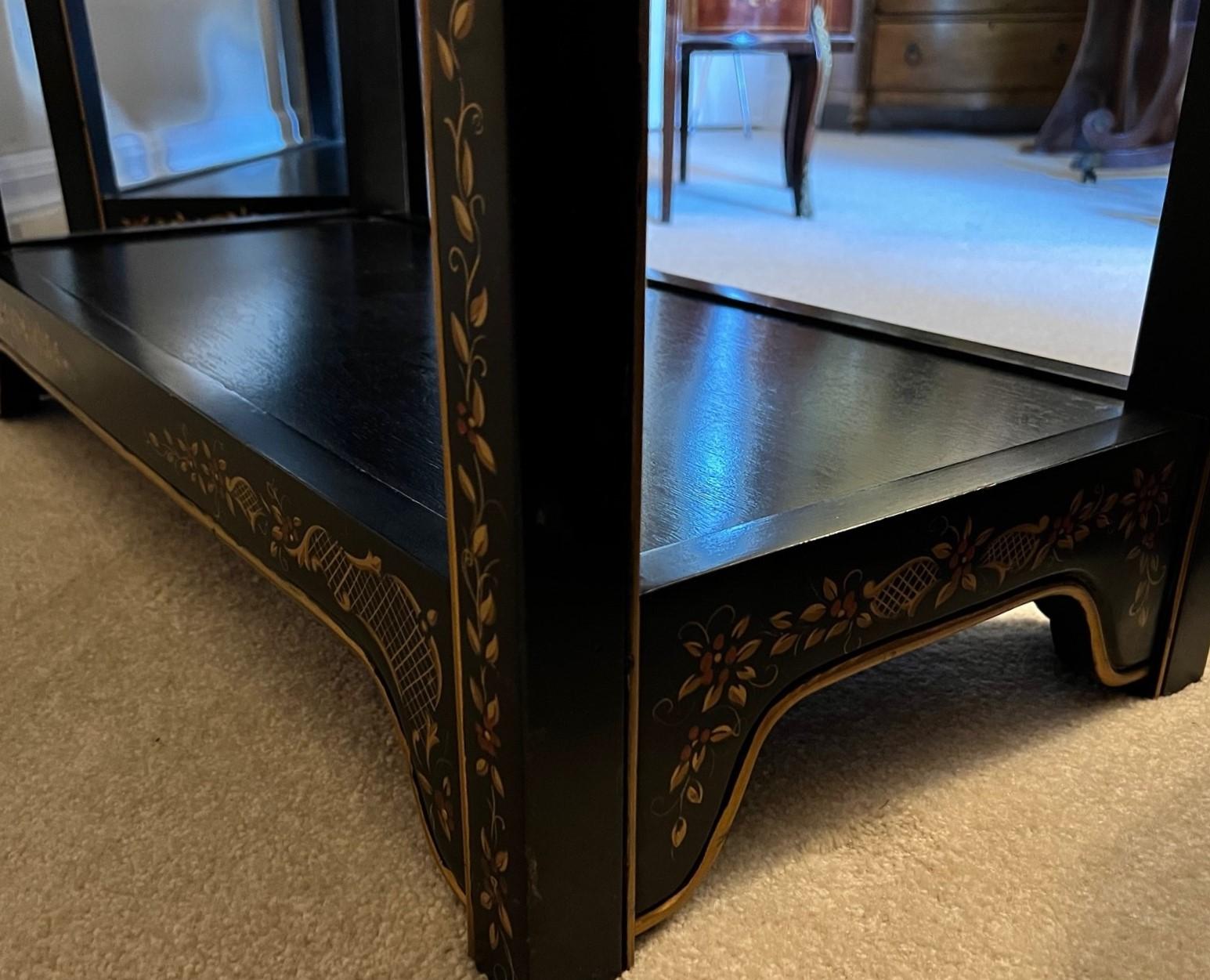 Black Lacquer Chinoiserie Étagères with Hand Painted Gold and Floral Details 5
