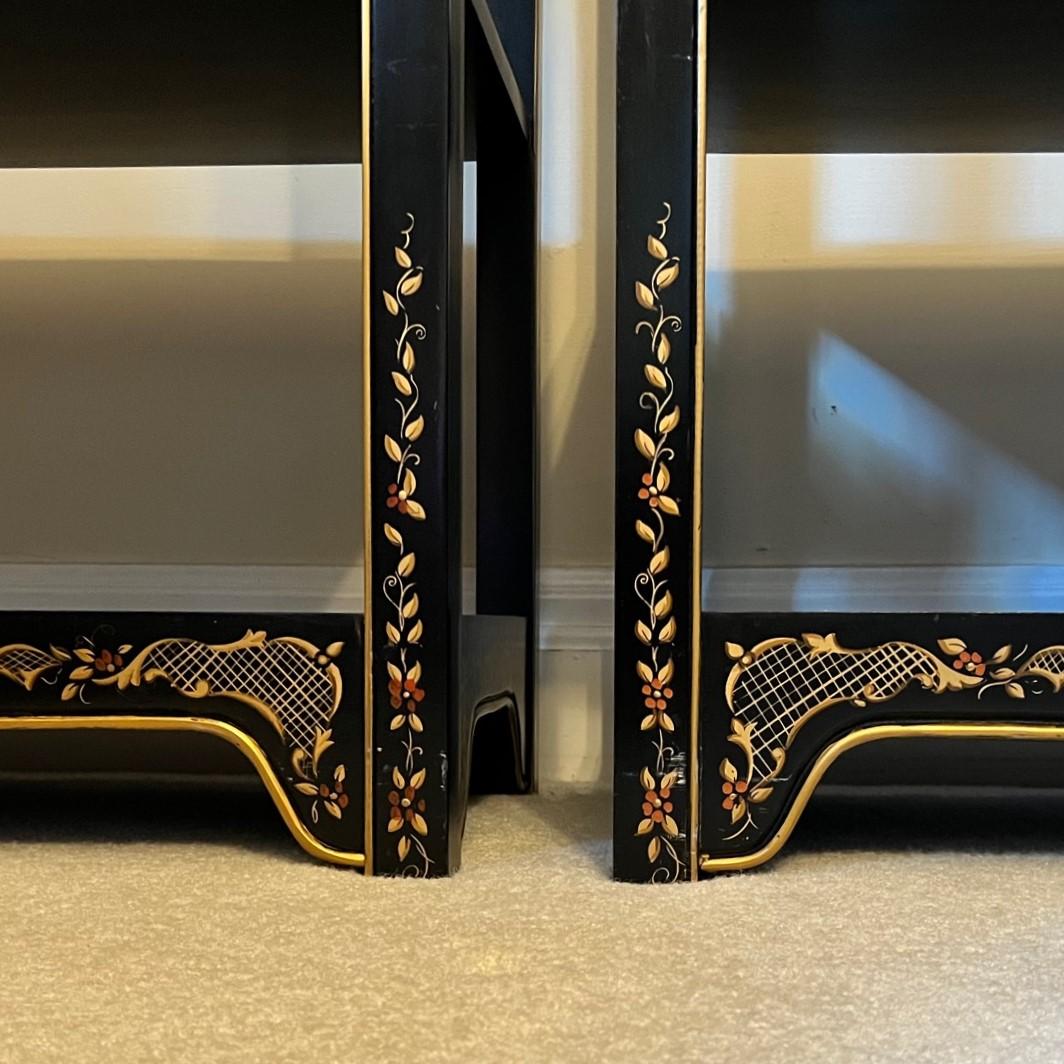 Black Lacquer Chinoiserie Étagères with Hand Painted Gold and Floral Details 6