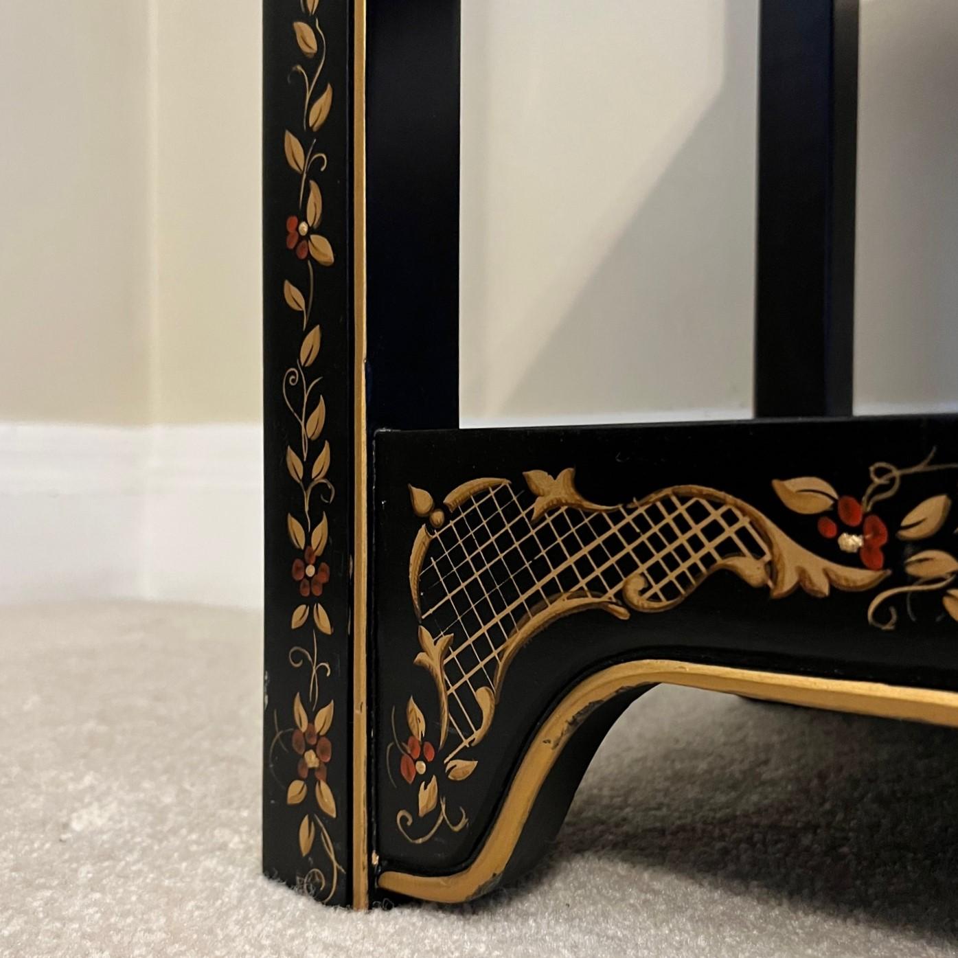 Black Lacquer Chinoiserie Étagères with Hand Painted Gold and Floral Details 7