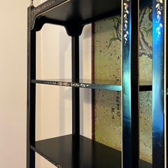 Black Lacquer Chinoiserie Étagères with Hand Painted Gold and Floral Details