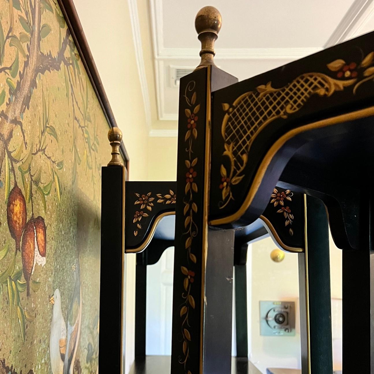 Unknown Black Lacquer Chinoiserie Étagères with Hand Painted Gold and Floral Details