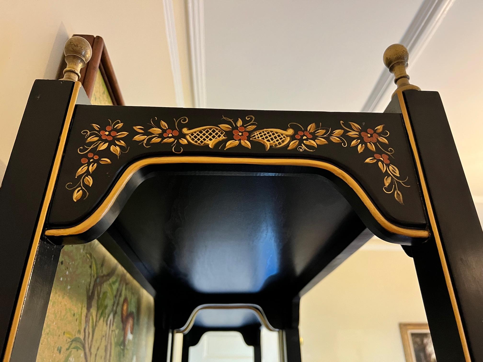 Ebonized Black Lacquer Chinoiserie Étagères with Hand Painted Gold and Floral Details