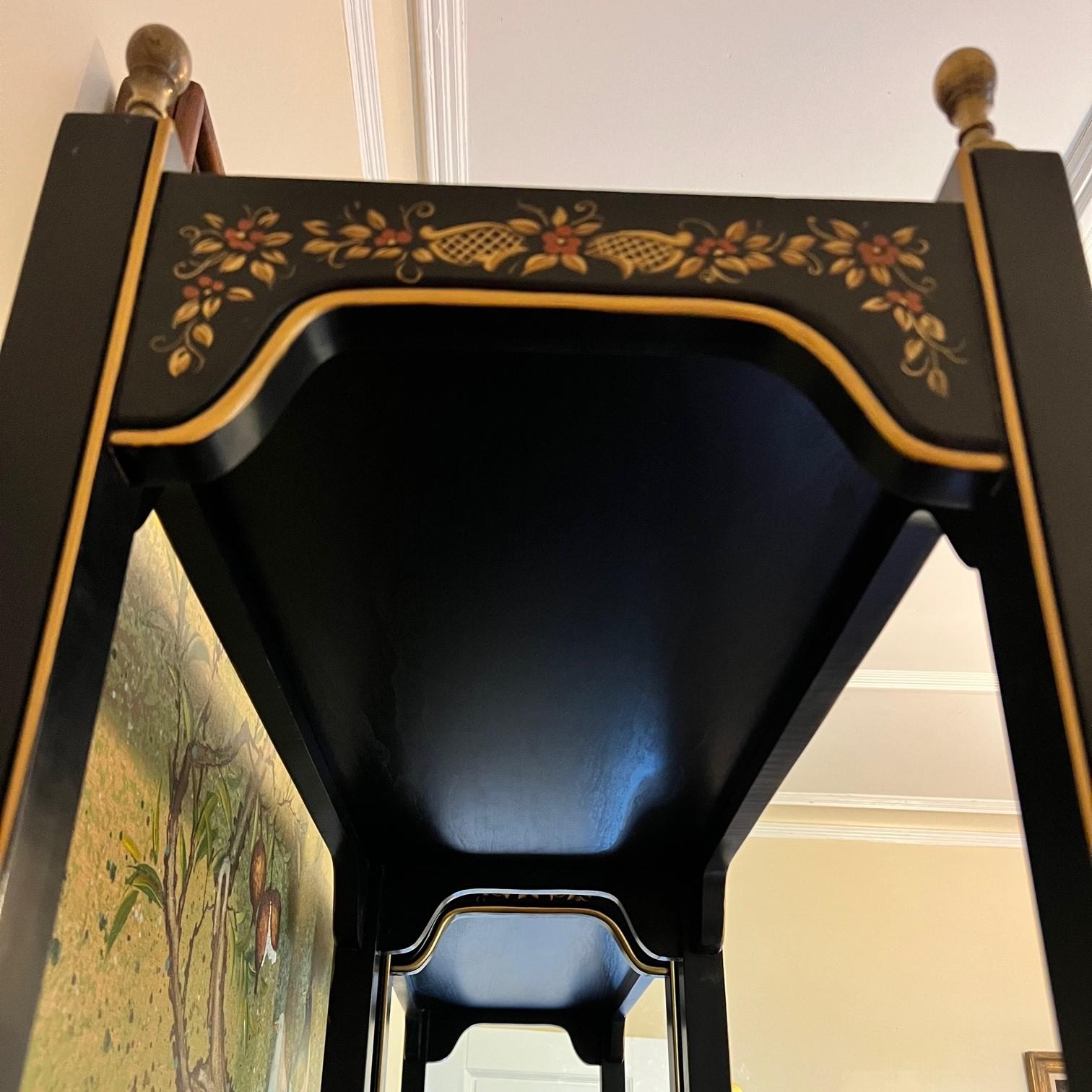 19th Century Black Lacquer Chinoiserie Étagères with Hand Painted Gold and Floral Details