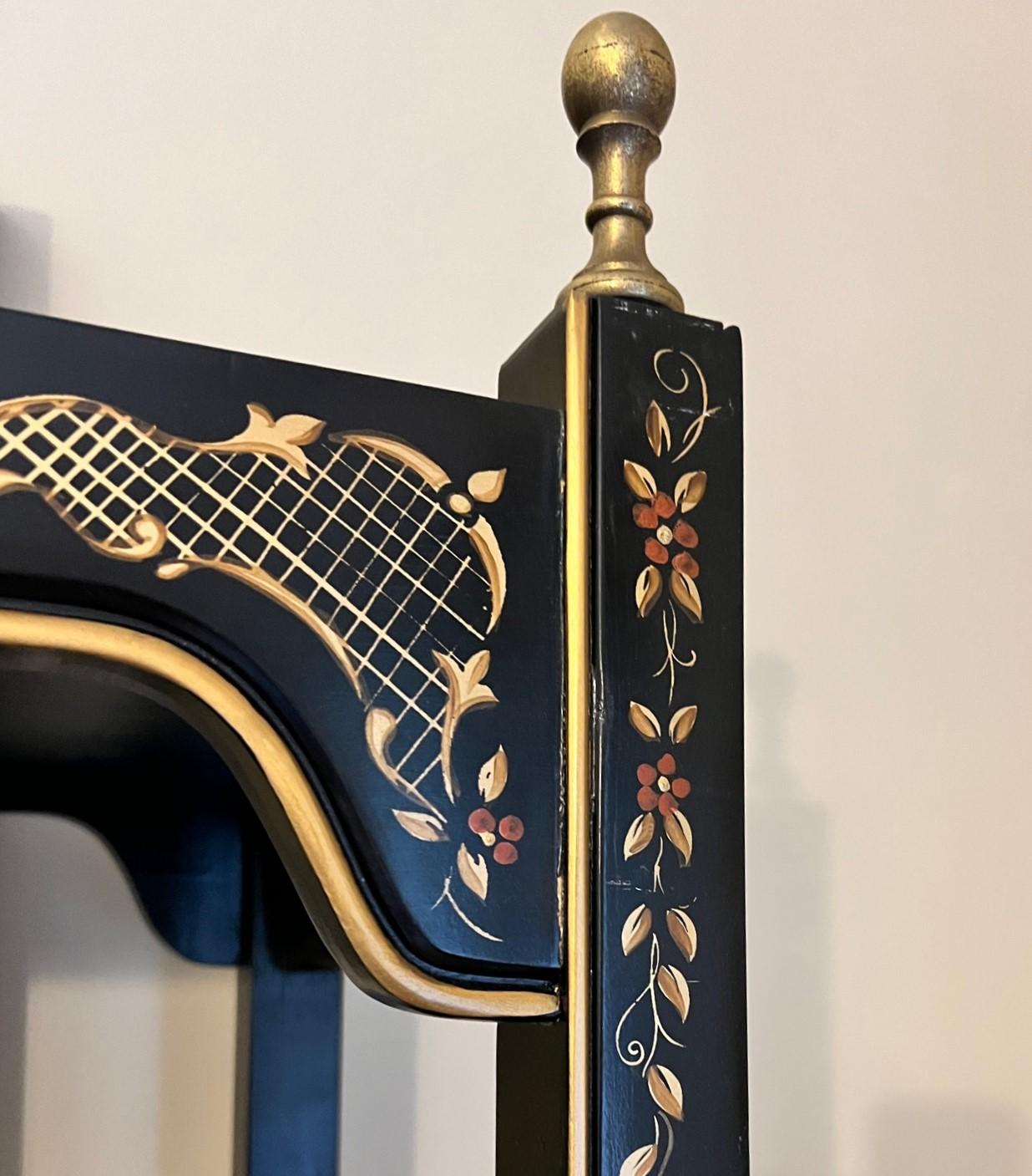 Brass Black Lacquer Chinoiserie Étagères with Hand Painted Gold and Floral Details