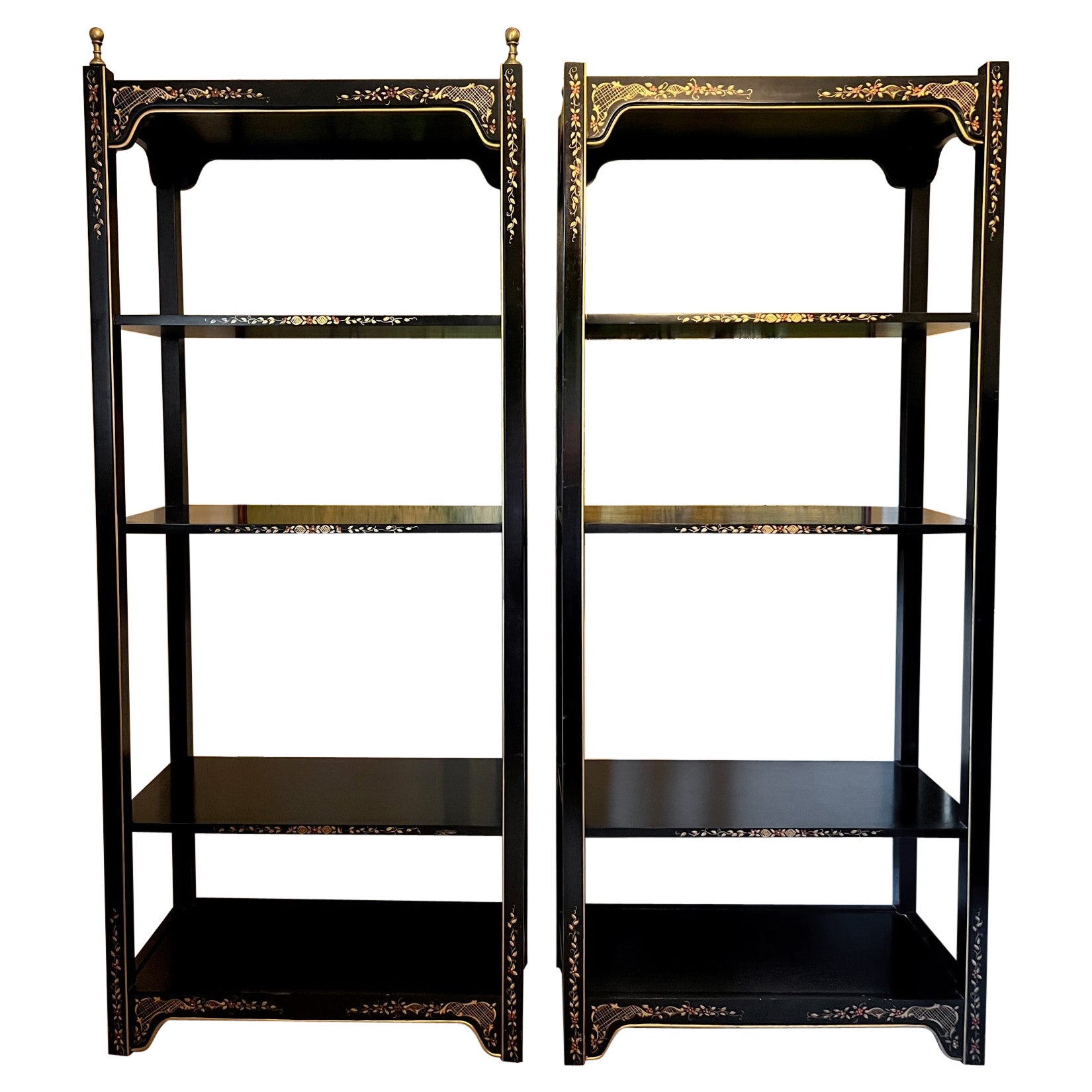 Black Lacquer Chinoiserie Étagères with Hand Painted Gold and Floral Details