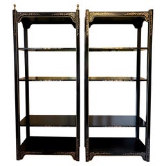 Black Lacquer Chinoiserie Étagères with Hand Painted Gold and Floral Details